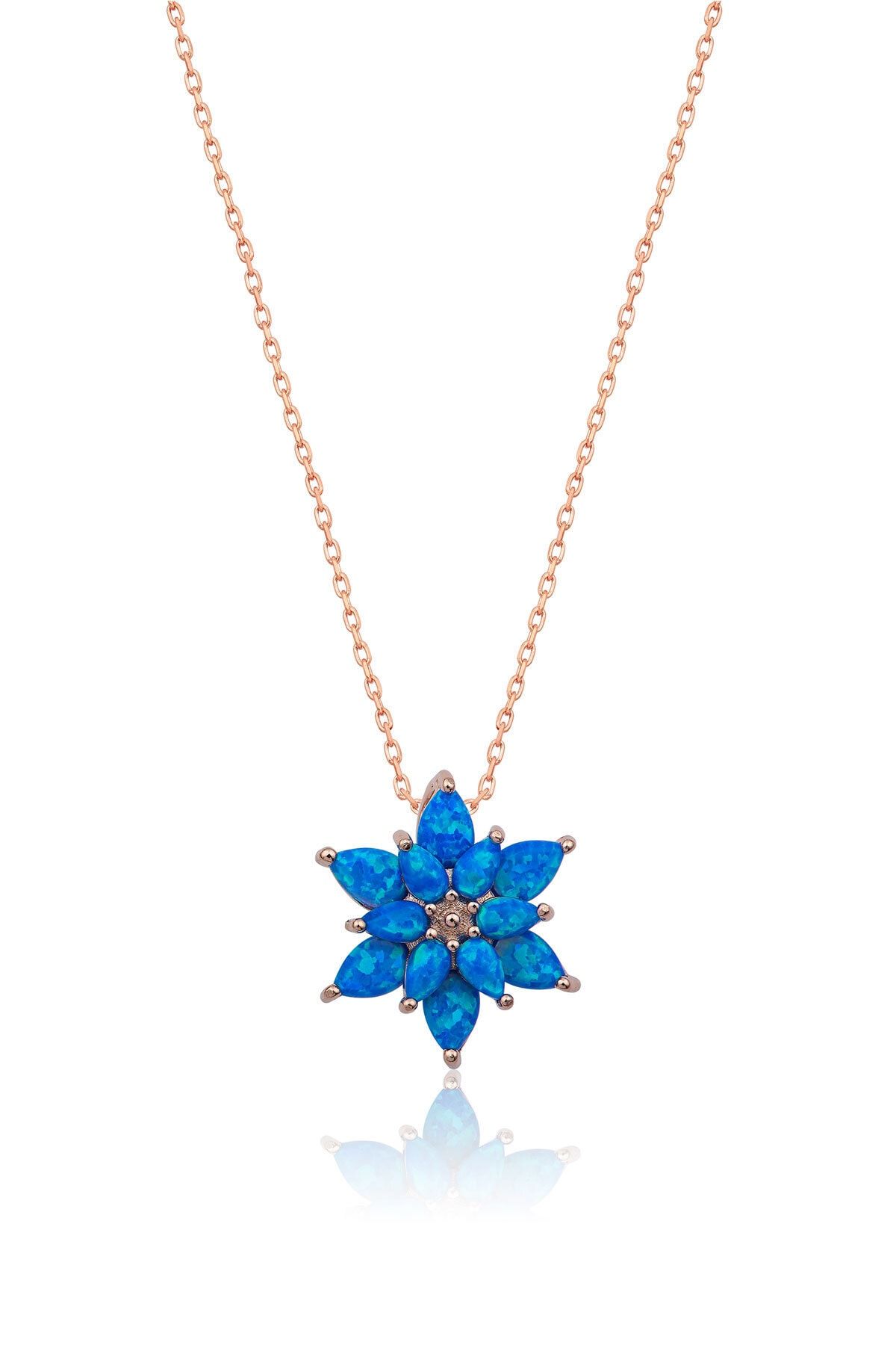 925 Ayar Açık Mavi Opal Taşlı Gümüş Lotus Kolye