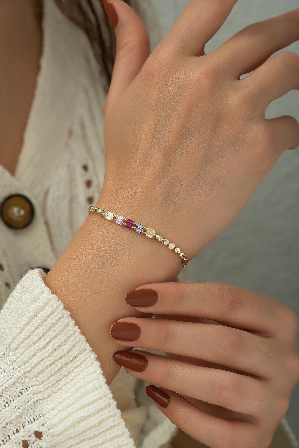 925 Ayar Altın Kaplama Baget Taşlı Gümüş Suyolu Bileklik