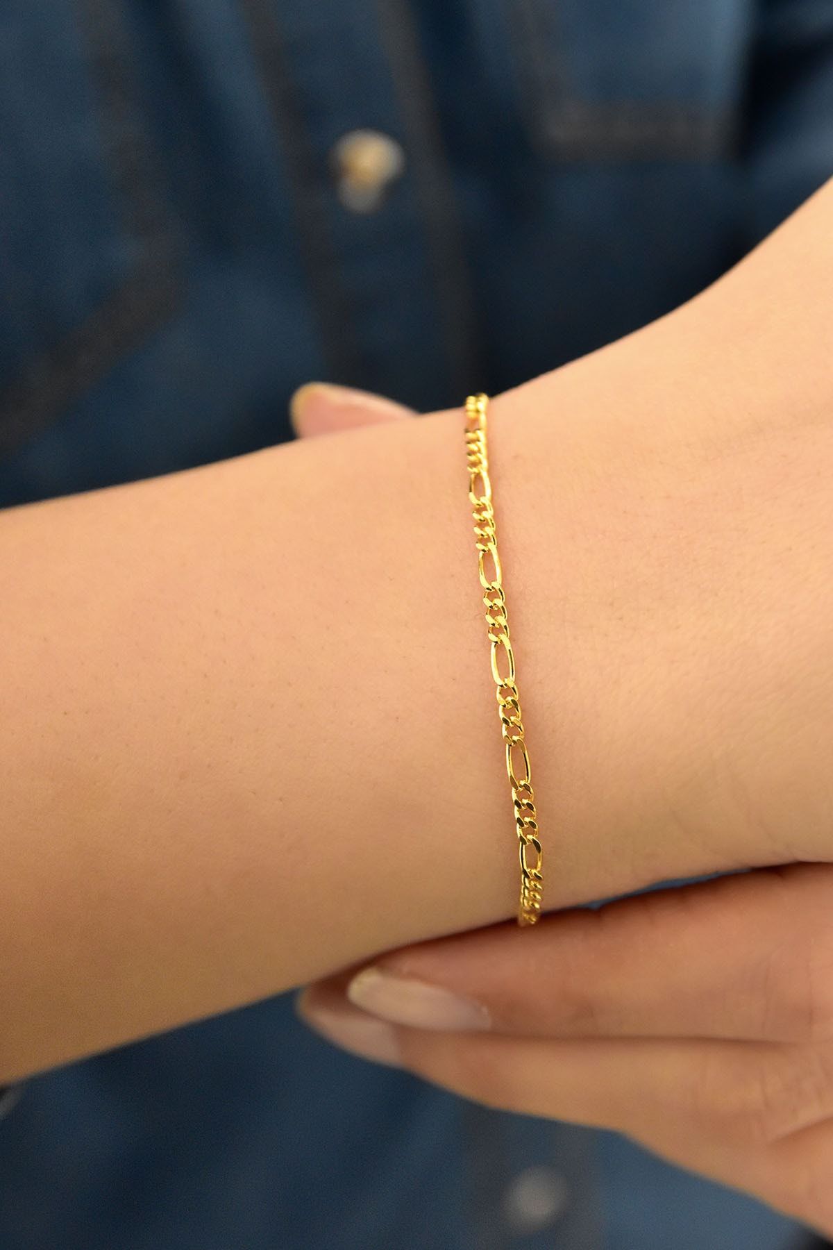 925 Ayar Altın Kaplama Kadın Figaro Gümüş Zincir Bileklik