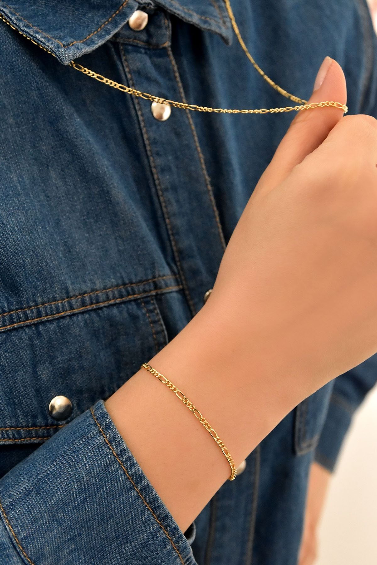 925 Ayar Altın Kaplama Kadın Figaro Gümüş Zincir Kolye Bileklik Set