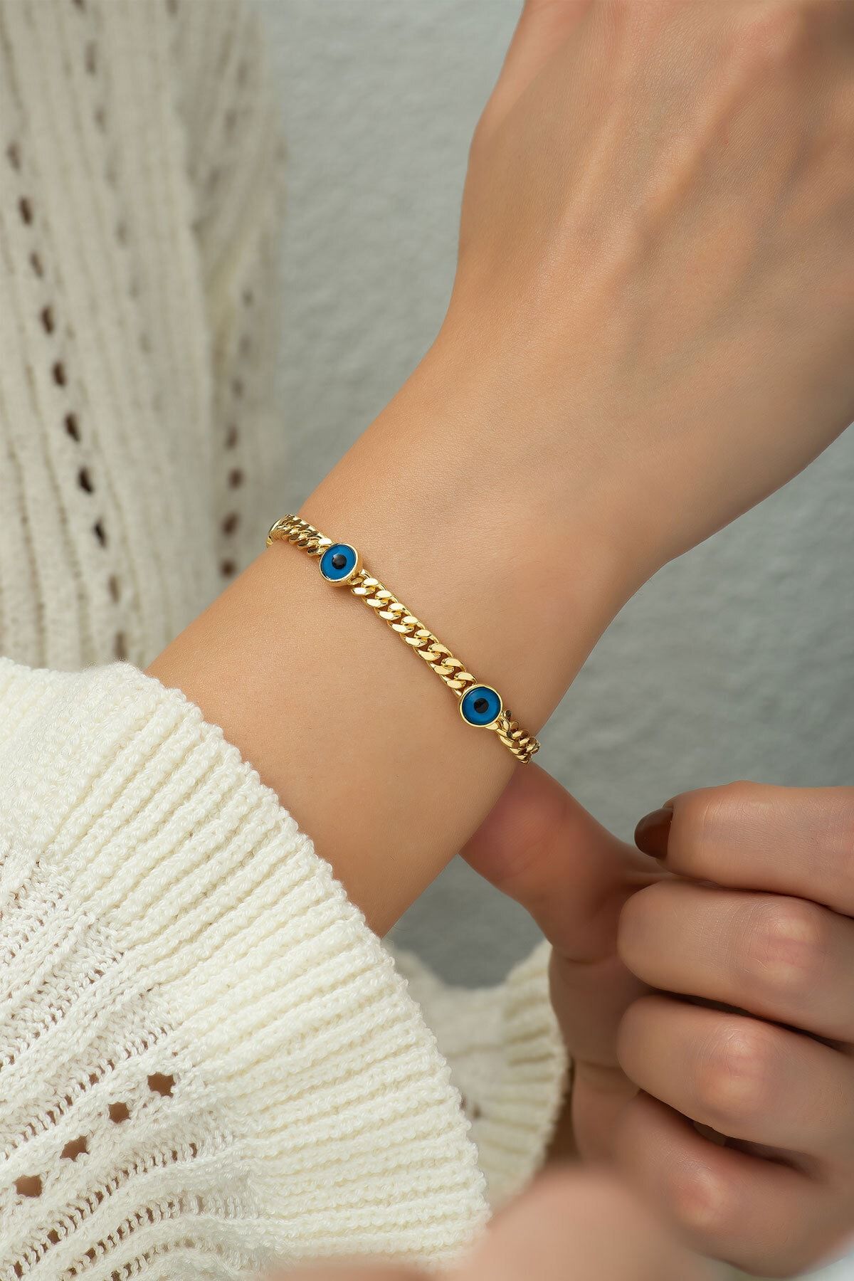 925 Ayar Altın Kaplama Nazar Gözlü Gümüş Zincir Bileklik