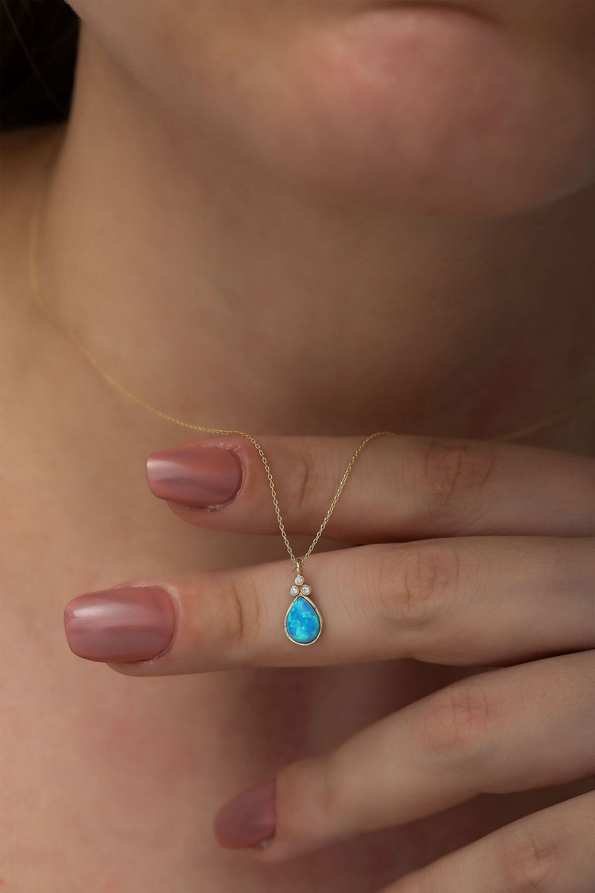 925 Ayar Damla Opal Taşlı Gümüş Kolye Rose Altın Kaplama