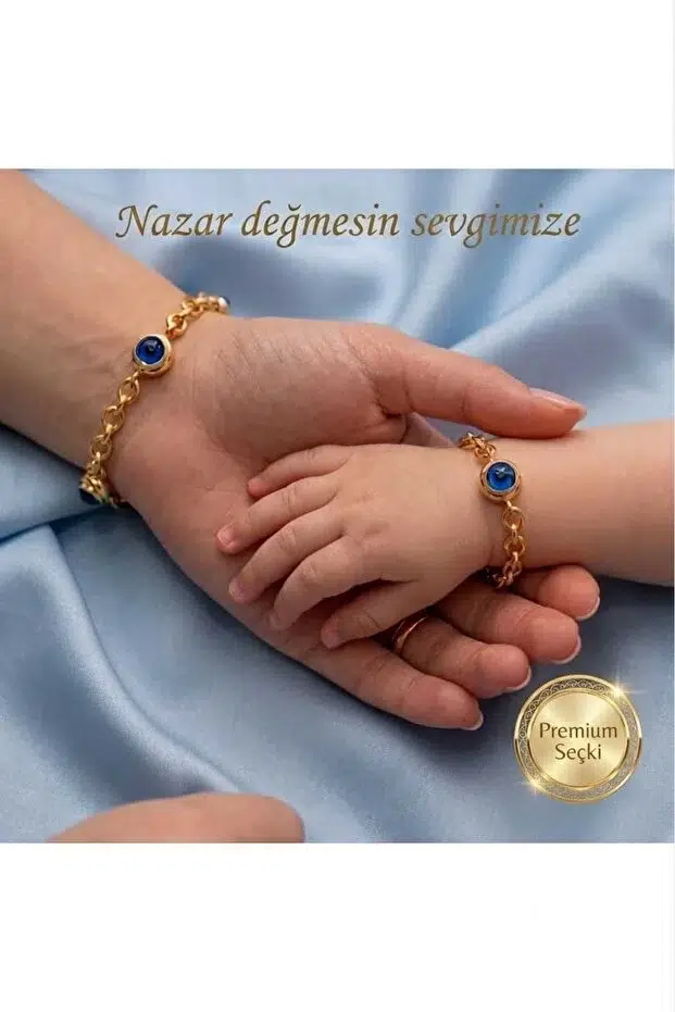 14 Ayar Altın kaplama 3 Nazar Göz Anne Bebek 6 ml Doç Zincir Bileklik
