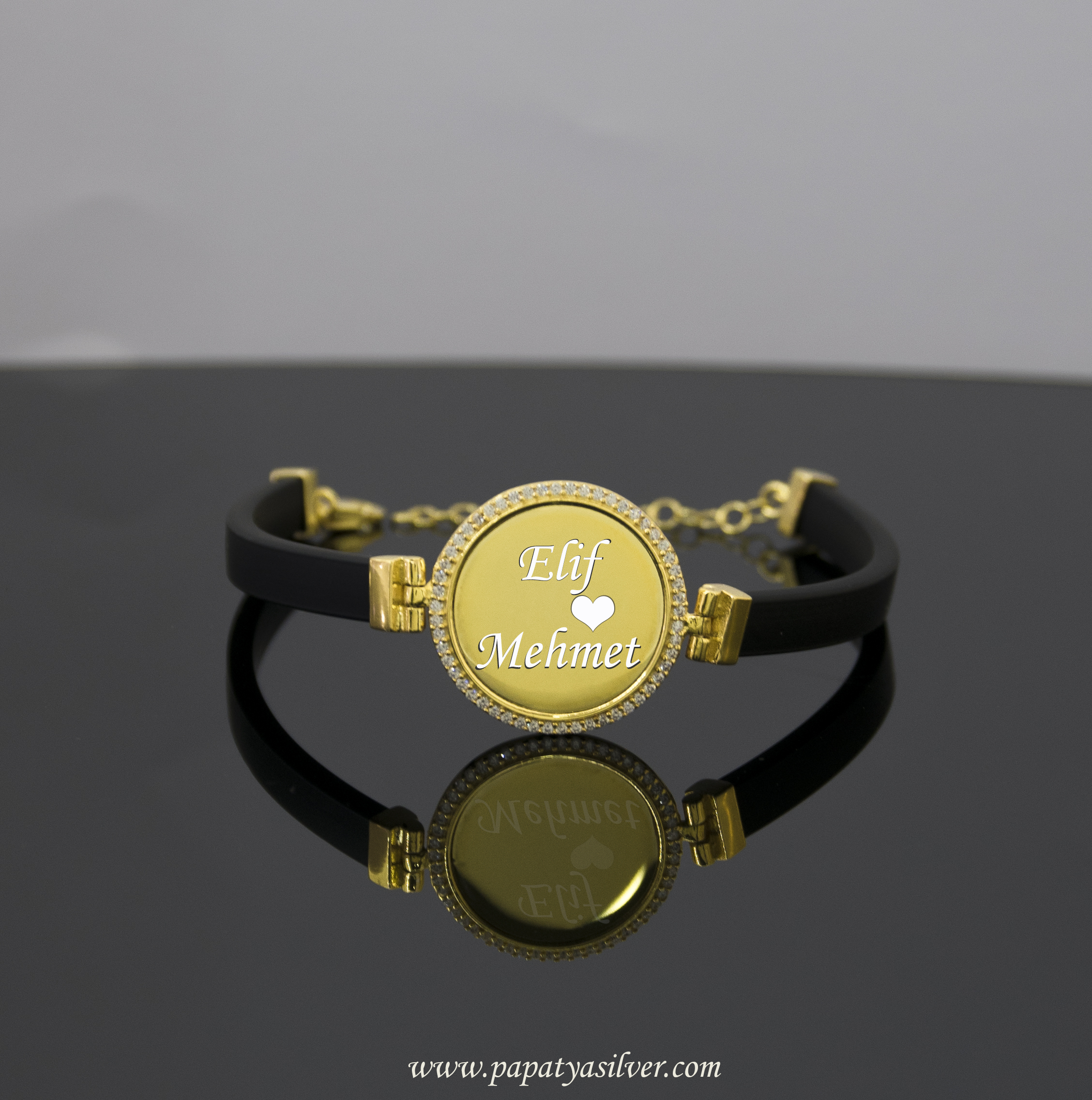 925 AYAR GOLD 14K Renk Deri Bileklik Kişiye Özel Zirkon Taşlı Plaka Bileklik