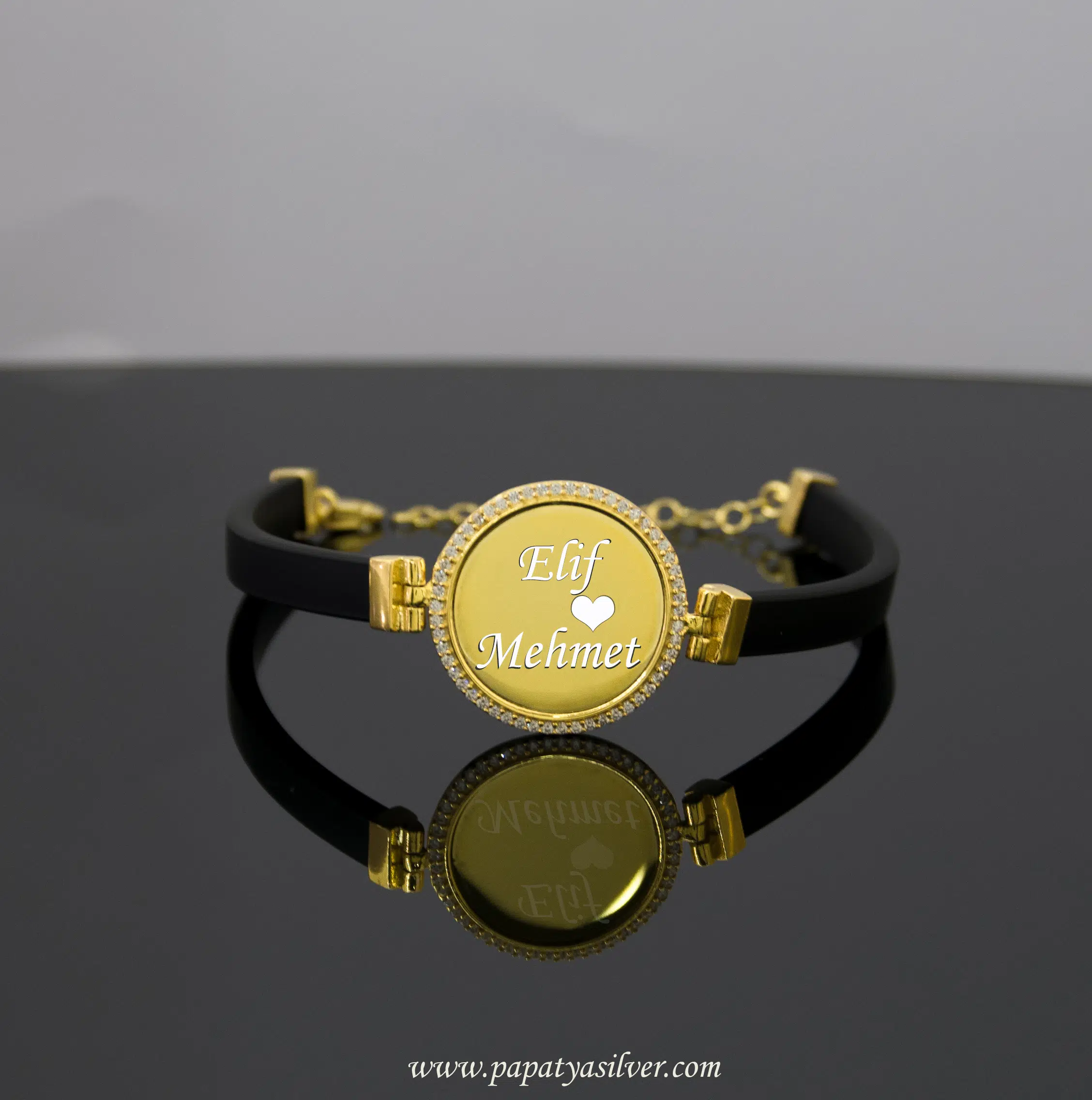 925 AYAR GOLD 14K Renk Deri Bileklik Kişiye Özel Zirkon Taşlı Plaka Bileklik