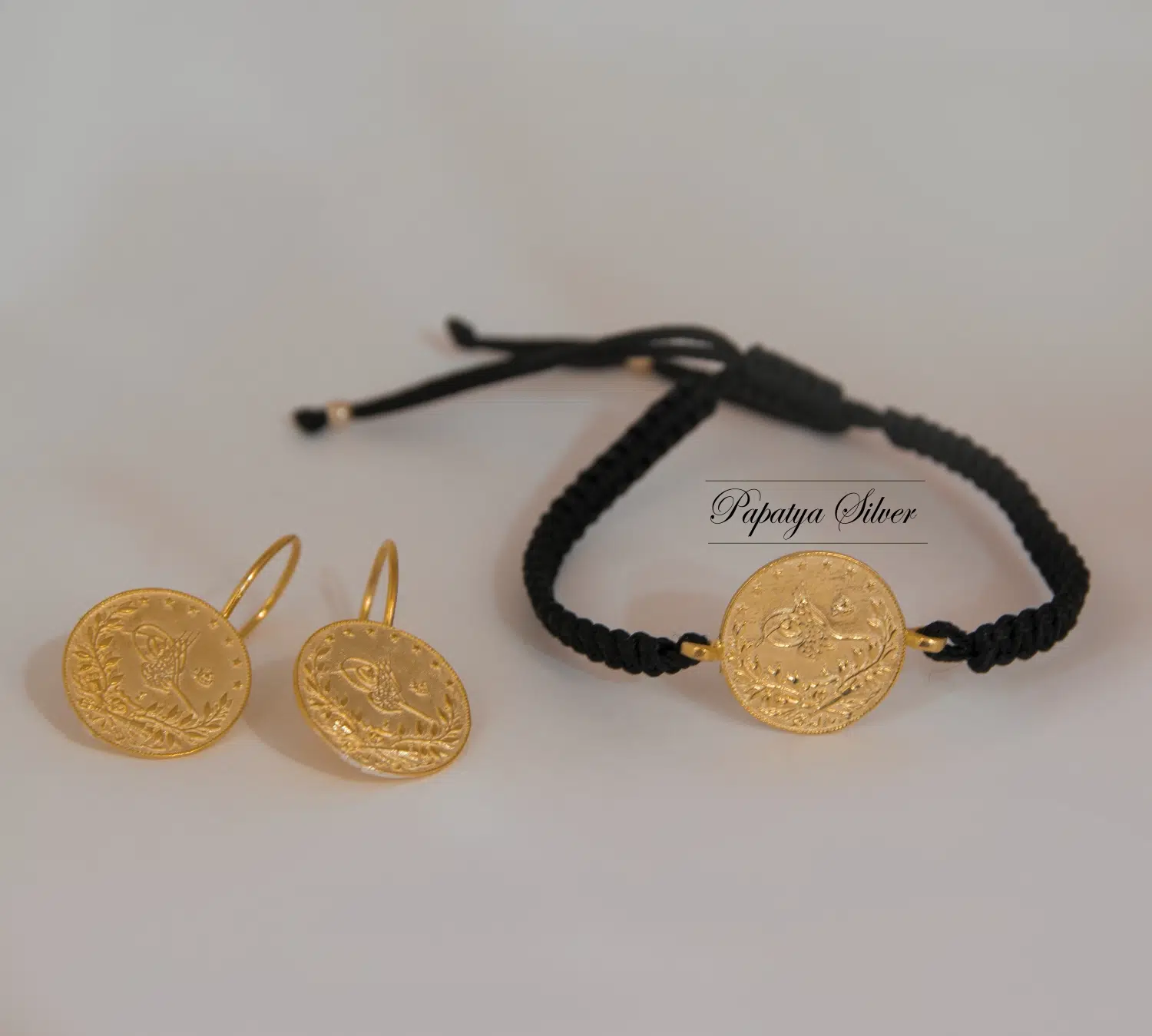 925 AYAR GOLD 14K Renk Tuğra Bileklik Küpe Set