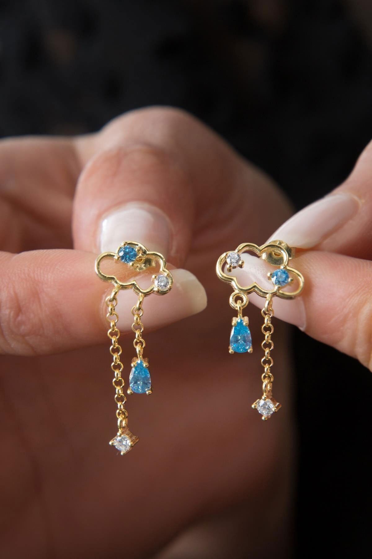 925 Ayar Gold Kaplama Bulut Model Gümüş Küpe