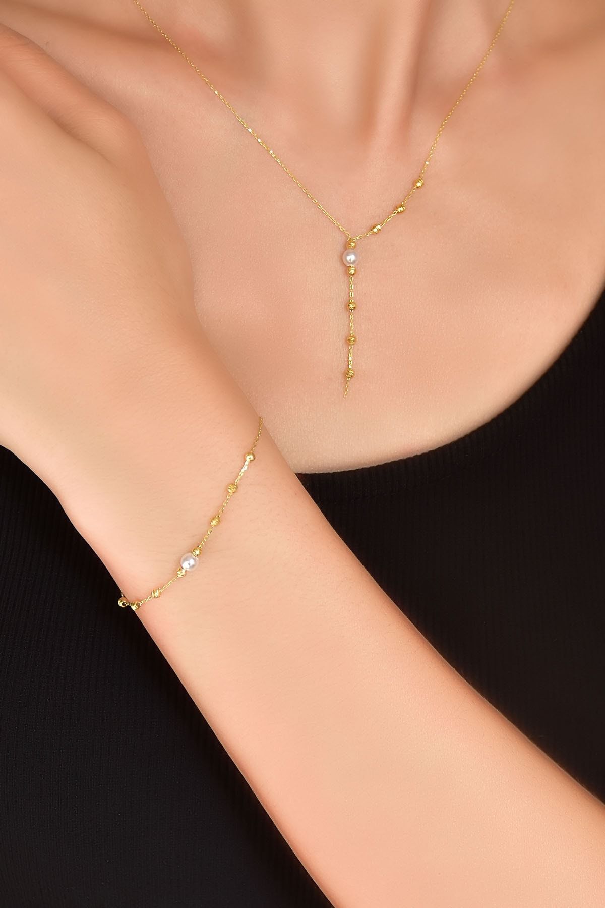 925 Ayar Gold Kaplama Dorika Toplu Incili Kolye Bileklik Set