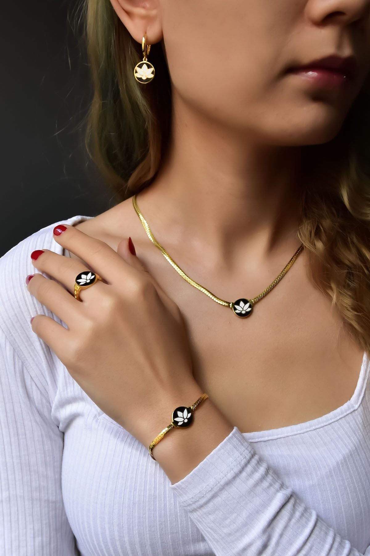 925 Ayar Gold Kaplama Mineli Lotus Çiçeği Kolye-bileklik-yüzük-küpe Set