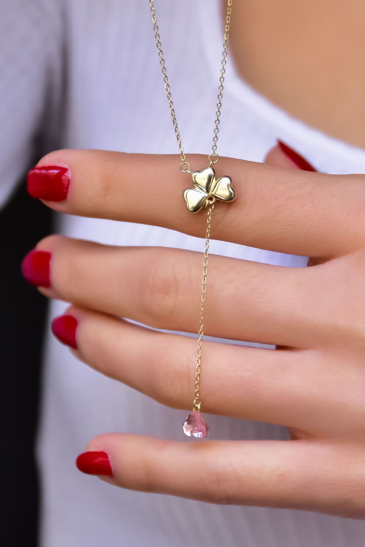 925 Ayar Gold Kaplama Pembe Taşlı Kalp Yonca Kadın Kolye