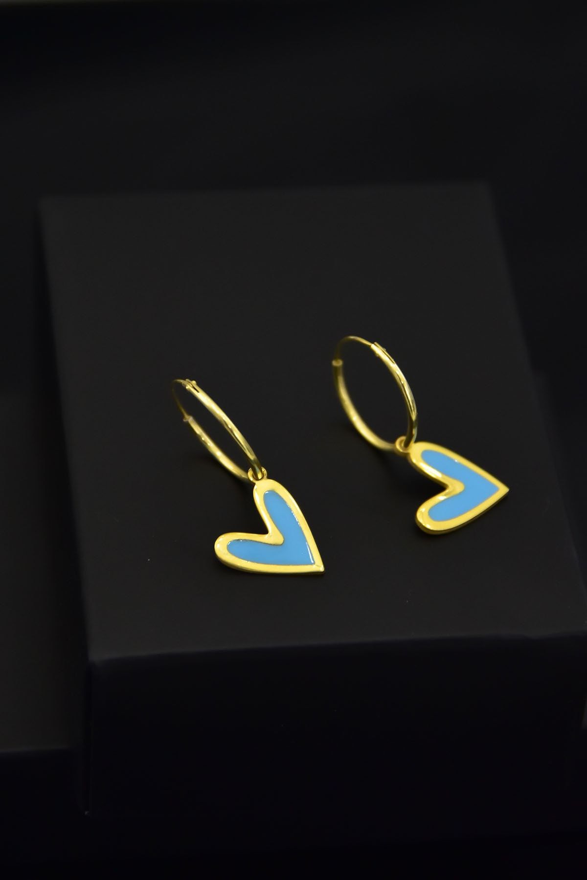 925 Ayar Gümüş Altın Kaplama Açık Mavi Mineli Kalp Halka Küpe