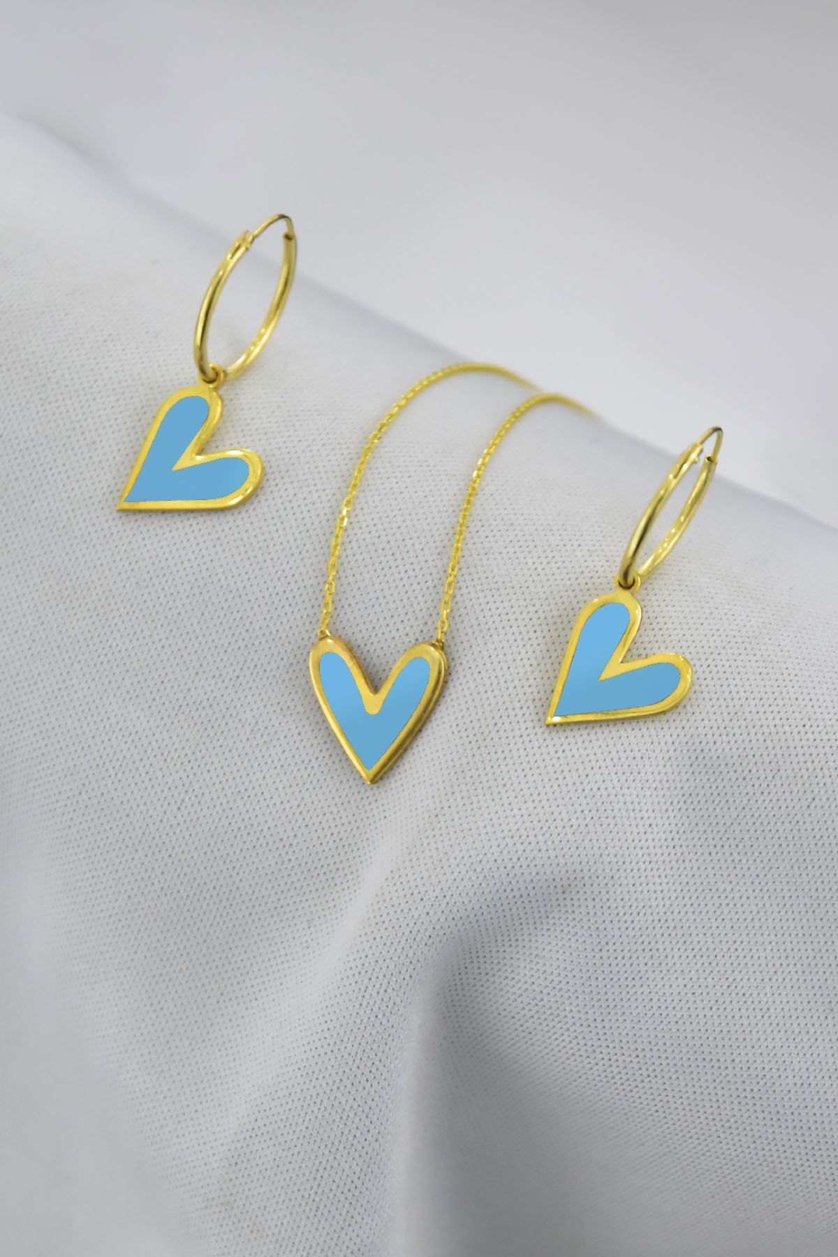 925 Ayar Gümüş Altın Kaplama Açık Mavi Mineli Kalp Kolye Küpe Set