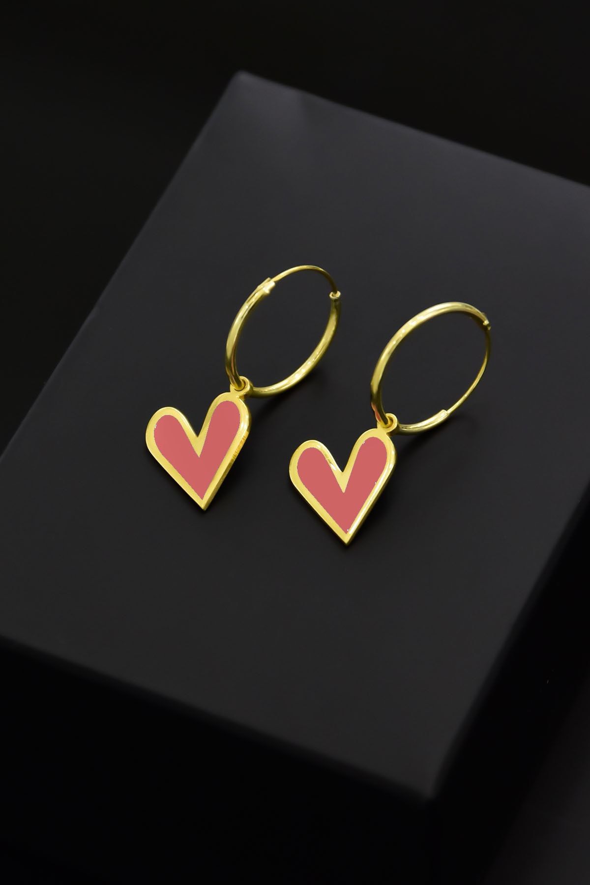 925 Ayar Gümüş Altın Kaplama Açık Pembe Mineli Kalp Halka Küpe