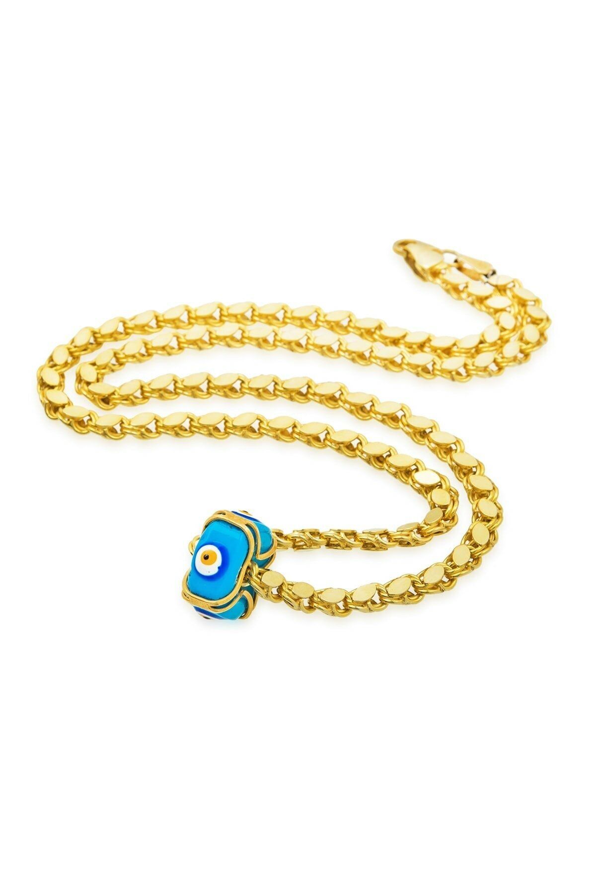 925 Ayar Gümüş Altın Kaplama Arpa Zincirli Süryani Gözlü Nazar Kolye