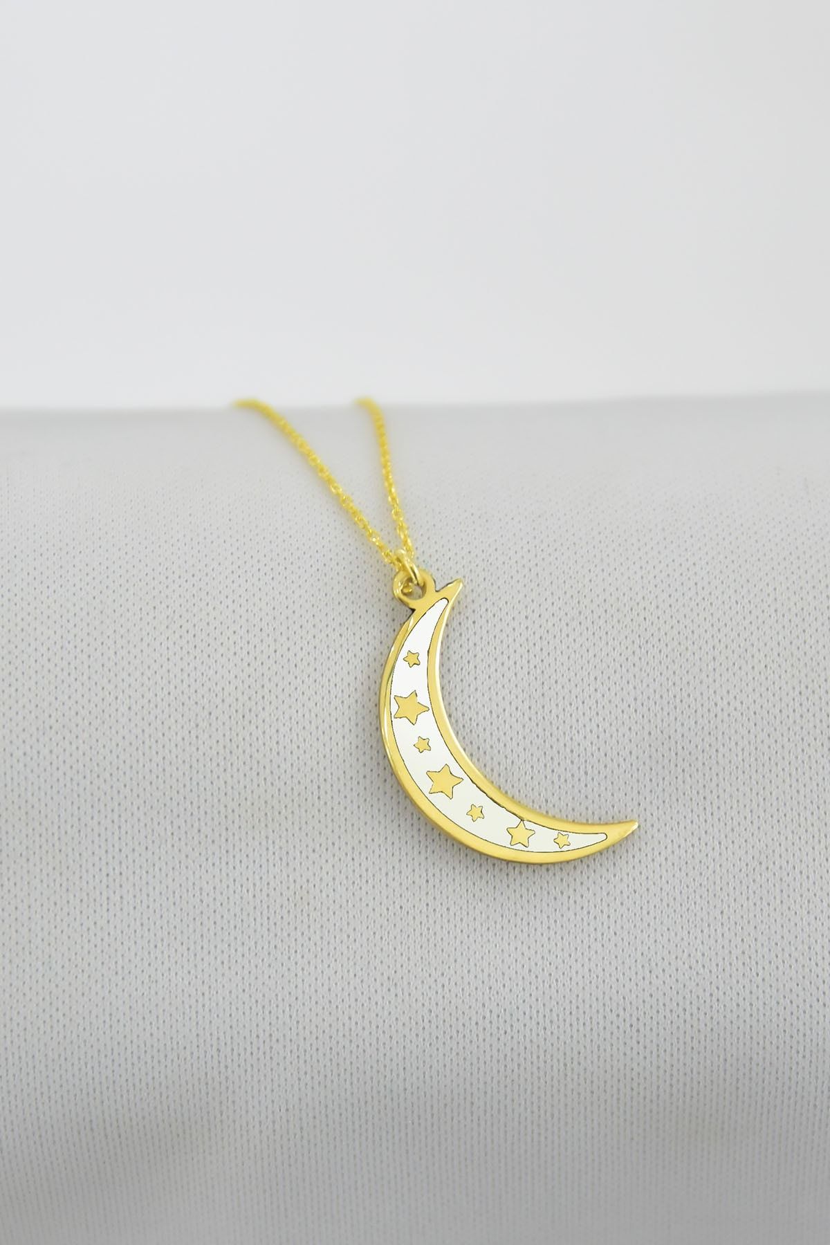 925 Ayar Gümüş Altın Kaplama Beyaz Mineli Yıldızlı Ay Kolye