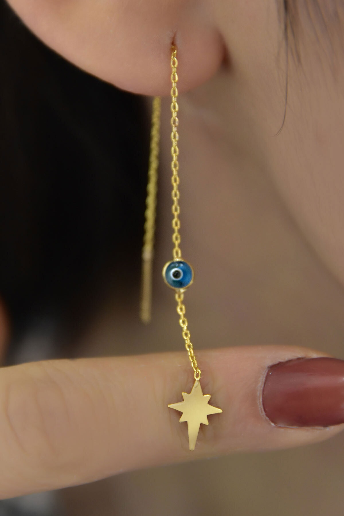 925 Ayar Gümüş Altın Kaplama Cam Göz Kutup Yıldızı Zincir Küpe Çift