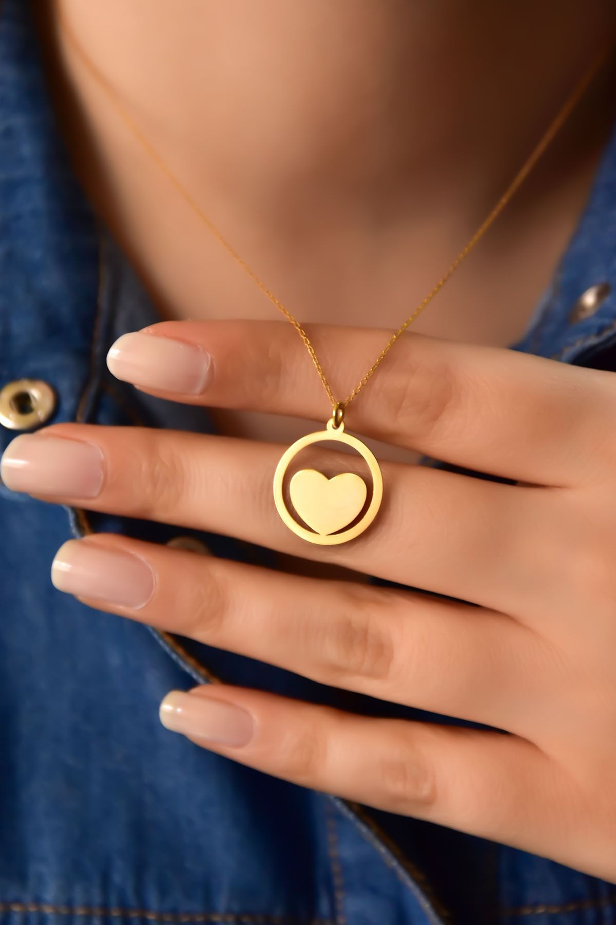 925 Ayar Gümüş Altın Kaplama Çember Kalp Plaka Kadın Kolye