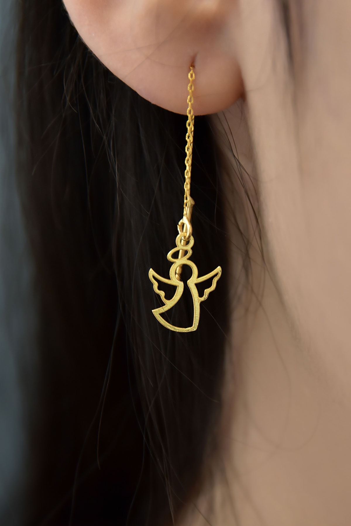 925 Ayar Gümüş Altın Kaplama Çift Melek Zincir Kadın Küpe