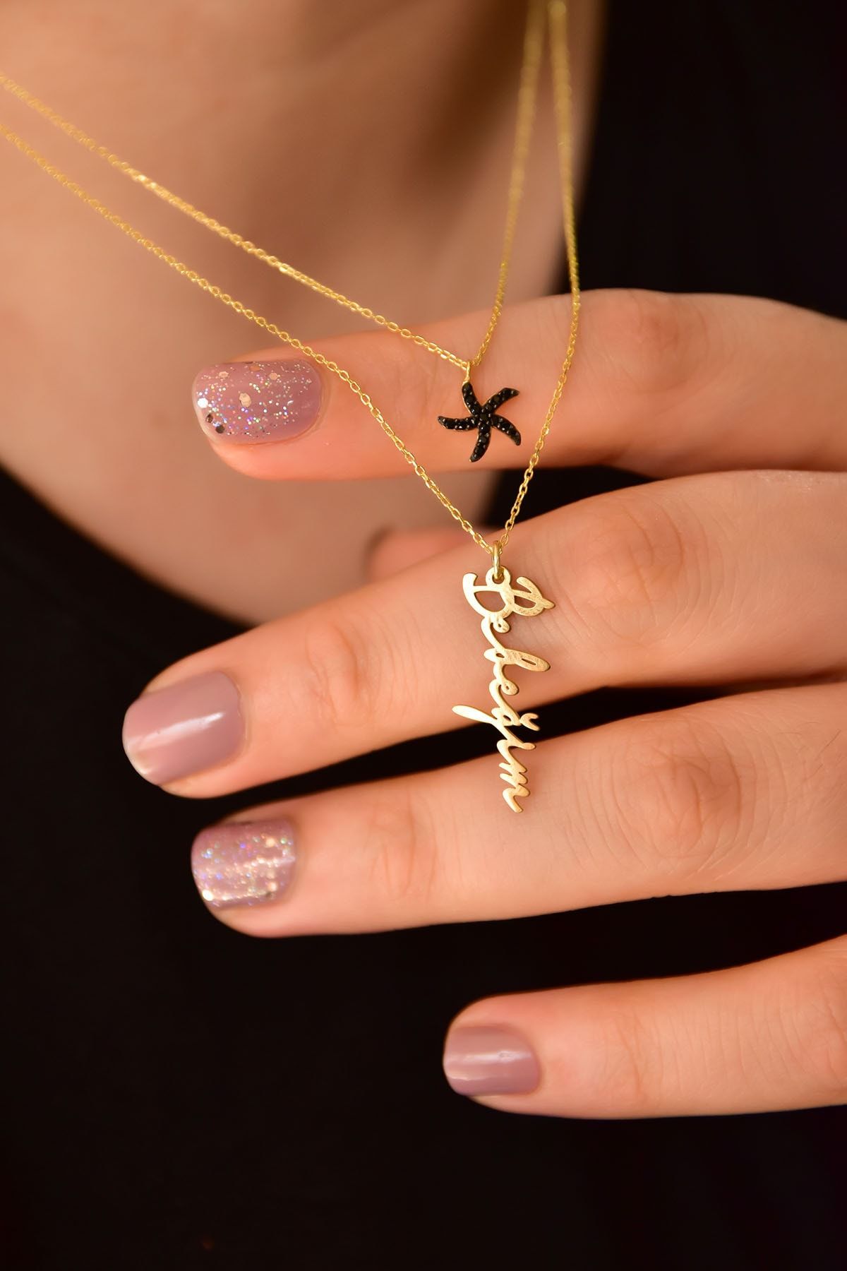 925 Ayar Gümüş Altın Kaplama Deniz Yıldızı Ve Bebeğim Yazılı Asansörlü Kolye