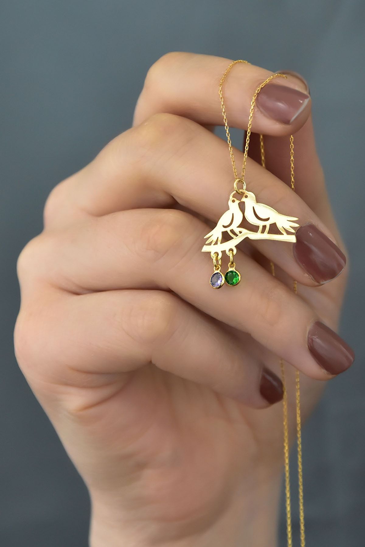 925 Ayar Gümüş Altın Kaplama Doğum Taşlı Çifte Kumrular Kolye