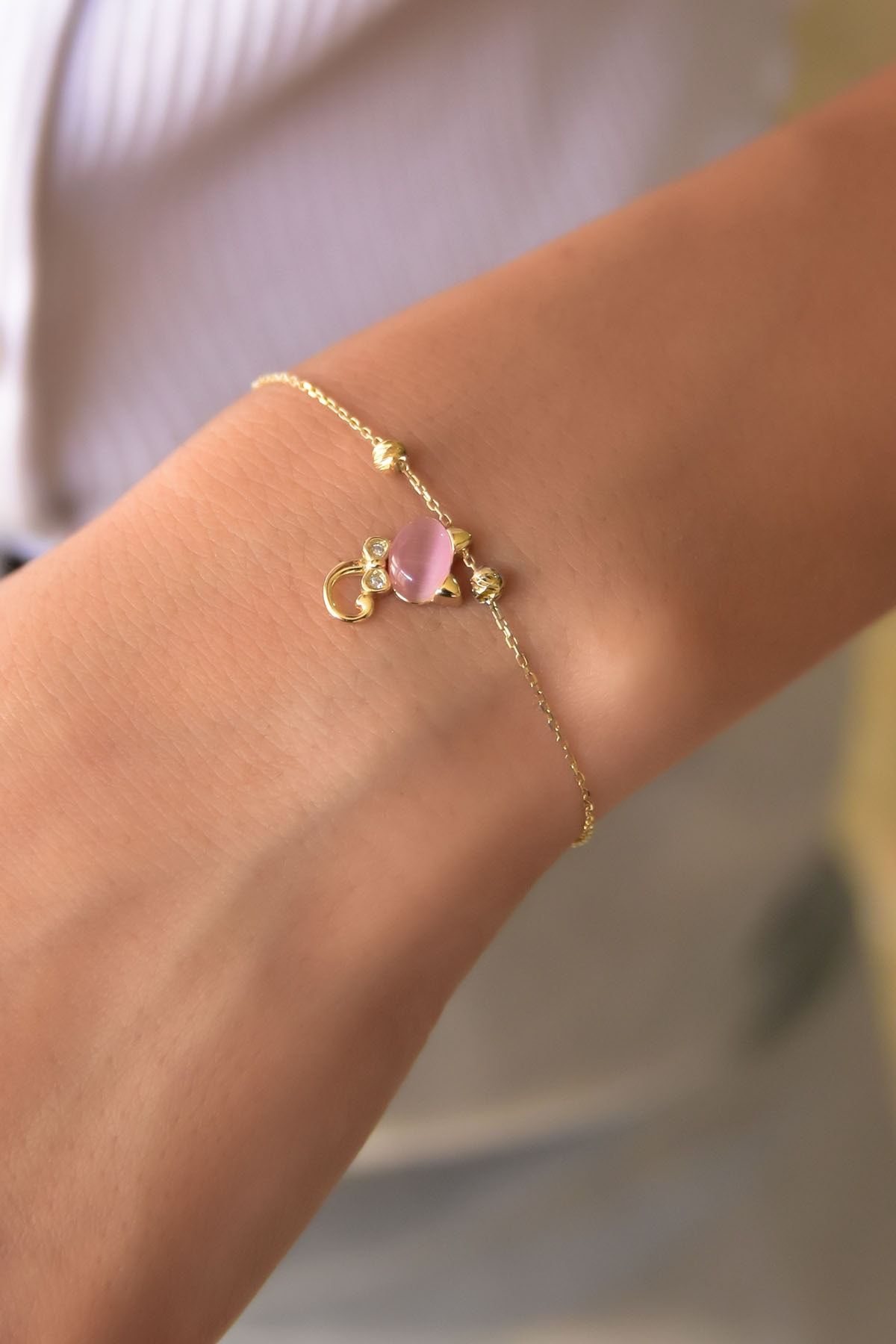 925 Ayar Gümüş Altın Kaplama Dorika Toplu Ay Taşlı Kedi Bileklik