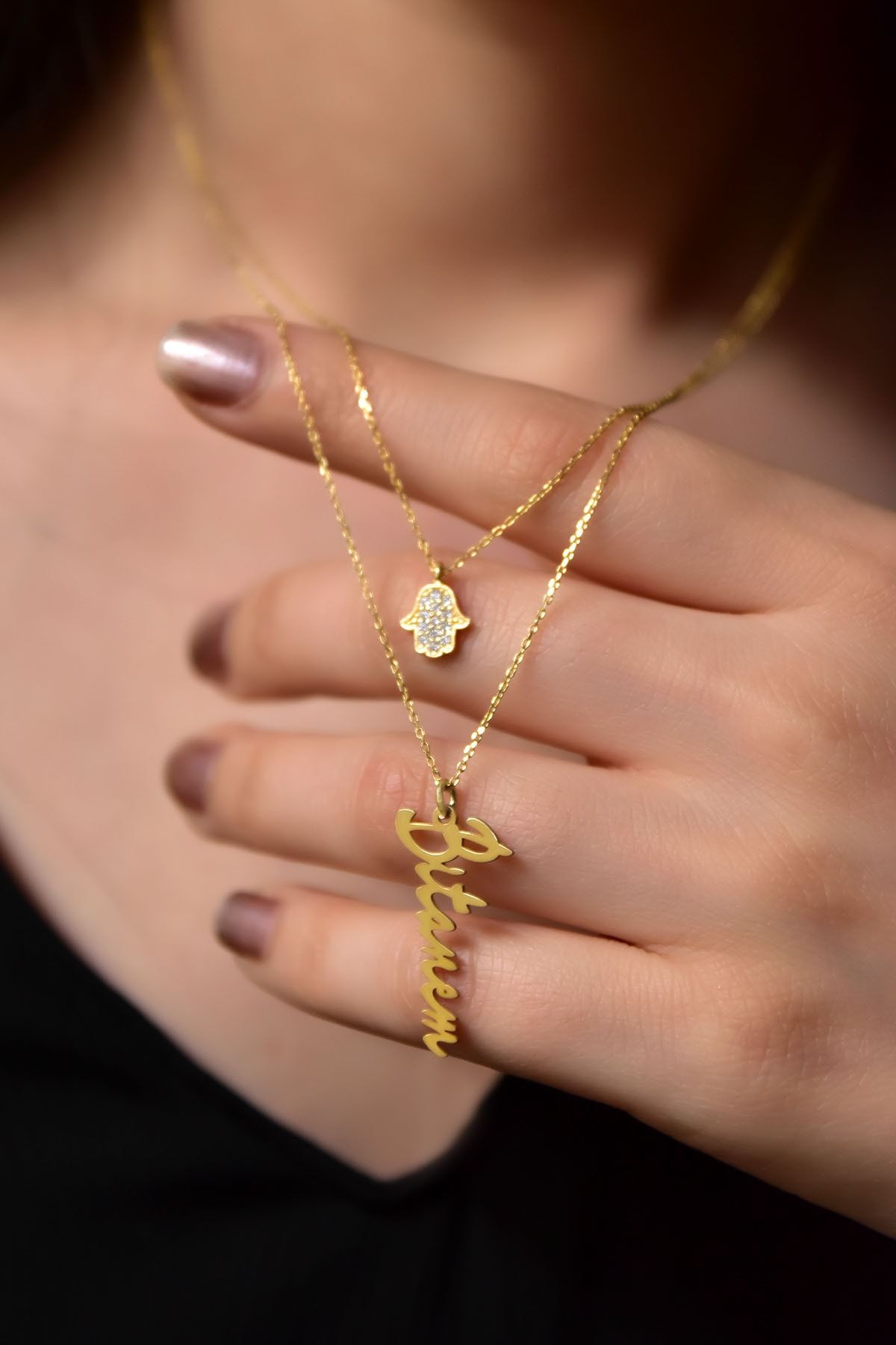 925 Ayar Gümüş Altın Kaplama Fatma Ana Eli Ve Bitanem Yazılı Asansörlü Kolye