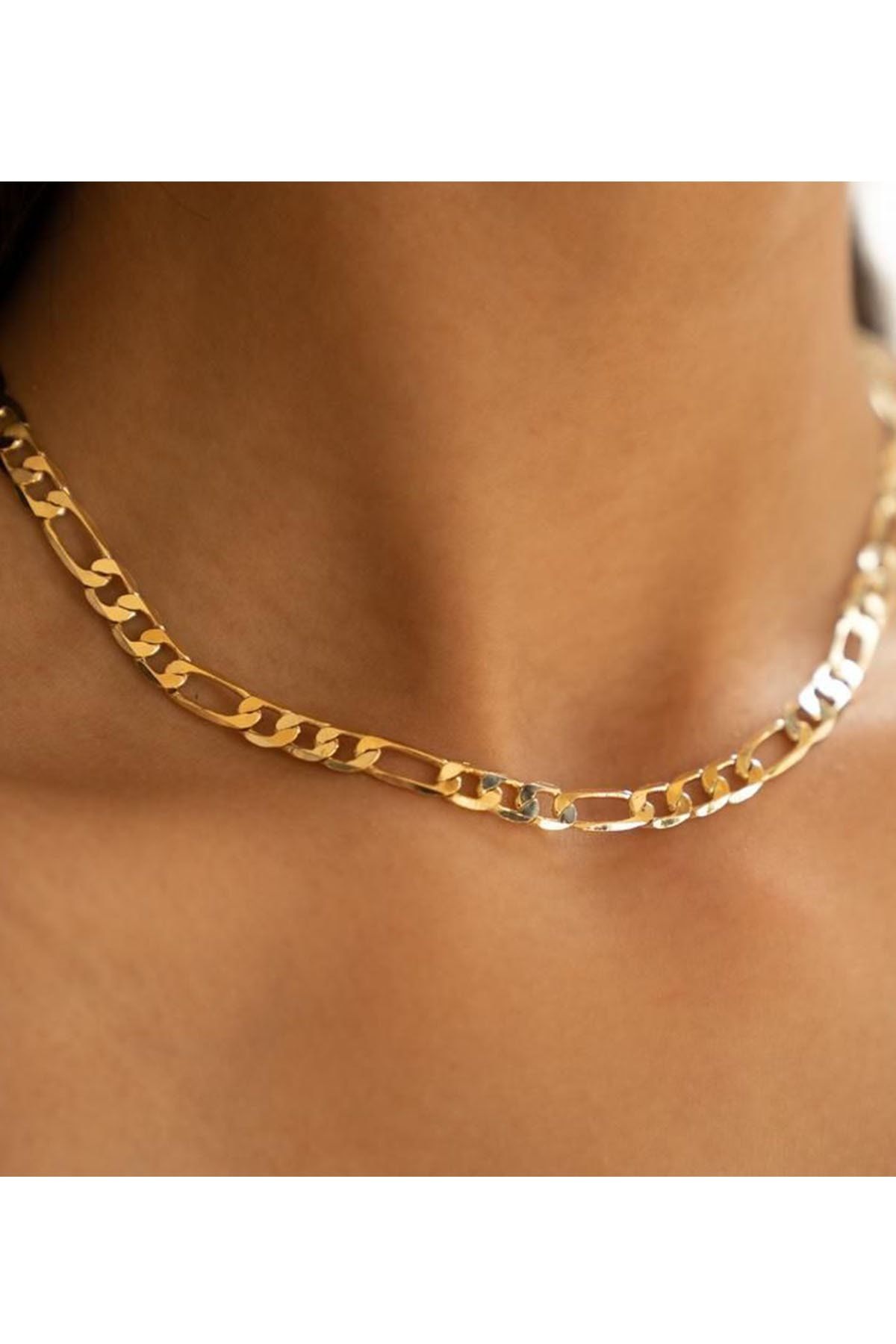 925 Ayar Gümüş Altın Kaplama Figaro Zincir Kolye