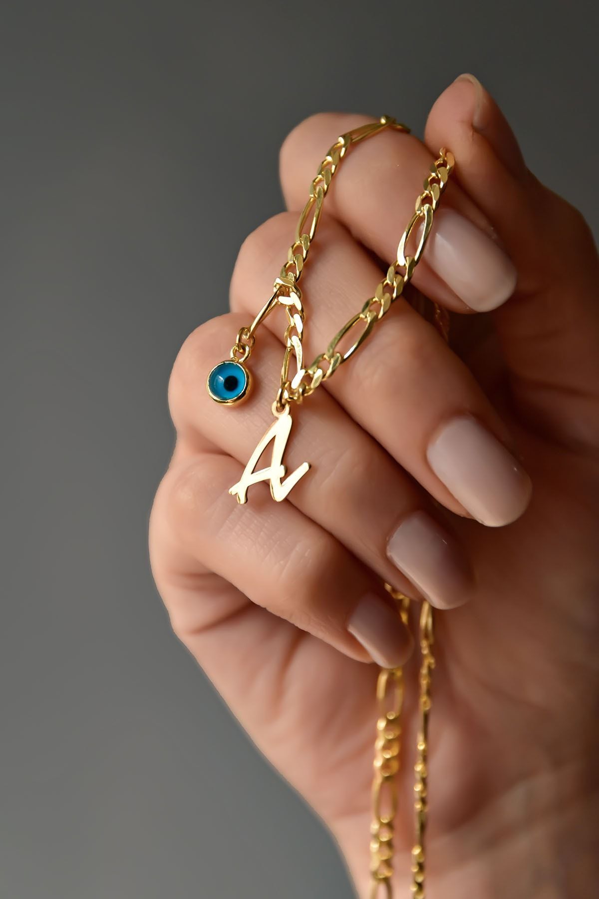 925 Ayar Gümüş Altın Kaplama Figaro Zincirli Harf Cam Göz Kadın Kolye