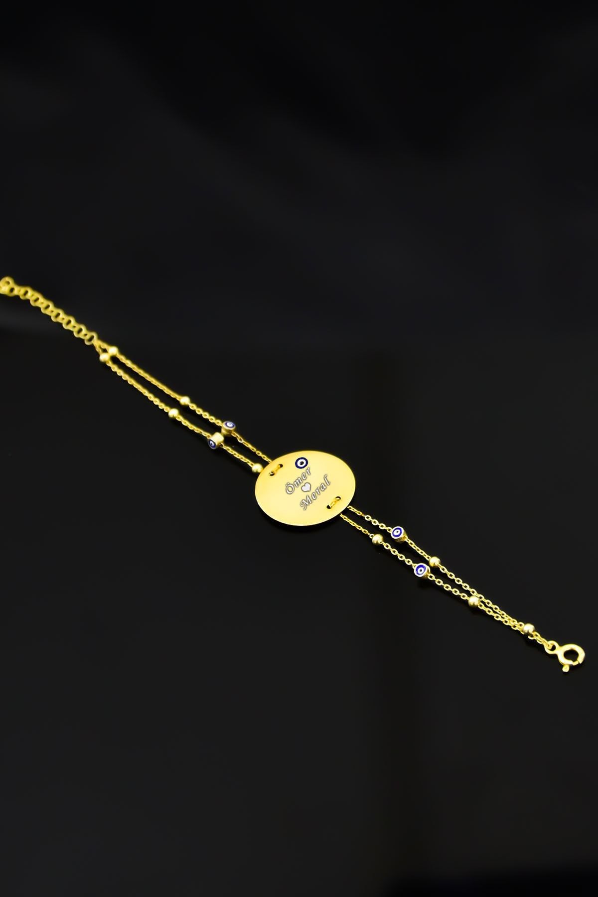 925 Ayar Gümüş Altın Kaplama Firuze Nazar Mineli Plaka Isim Bileklik