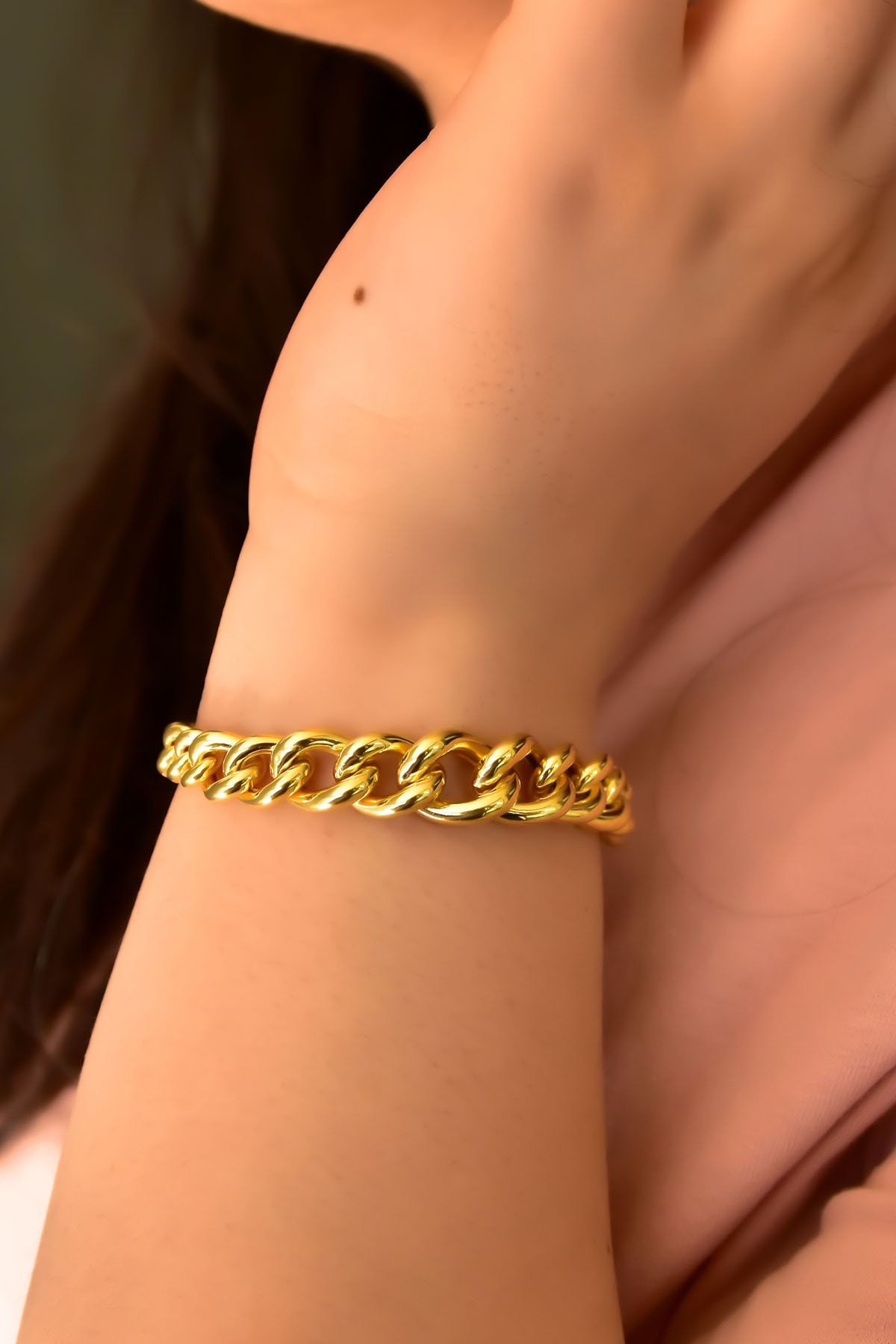 925 Ayar Gümüş Altın Kaplama Geçişli Gurmet Zincir Bileklik