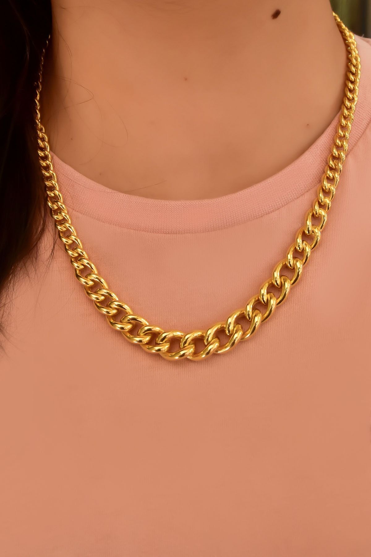 925 Ayar Gümüş Altın Kaplama Geçişli Gurmet Zincir Kolye