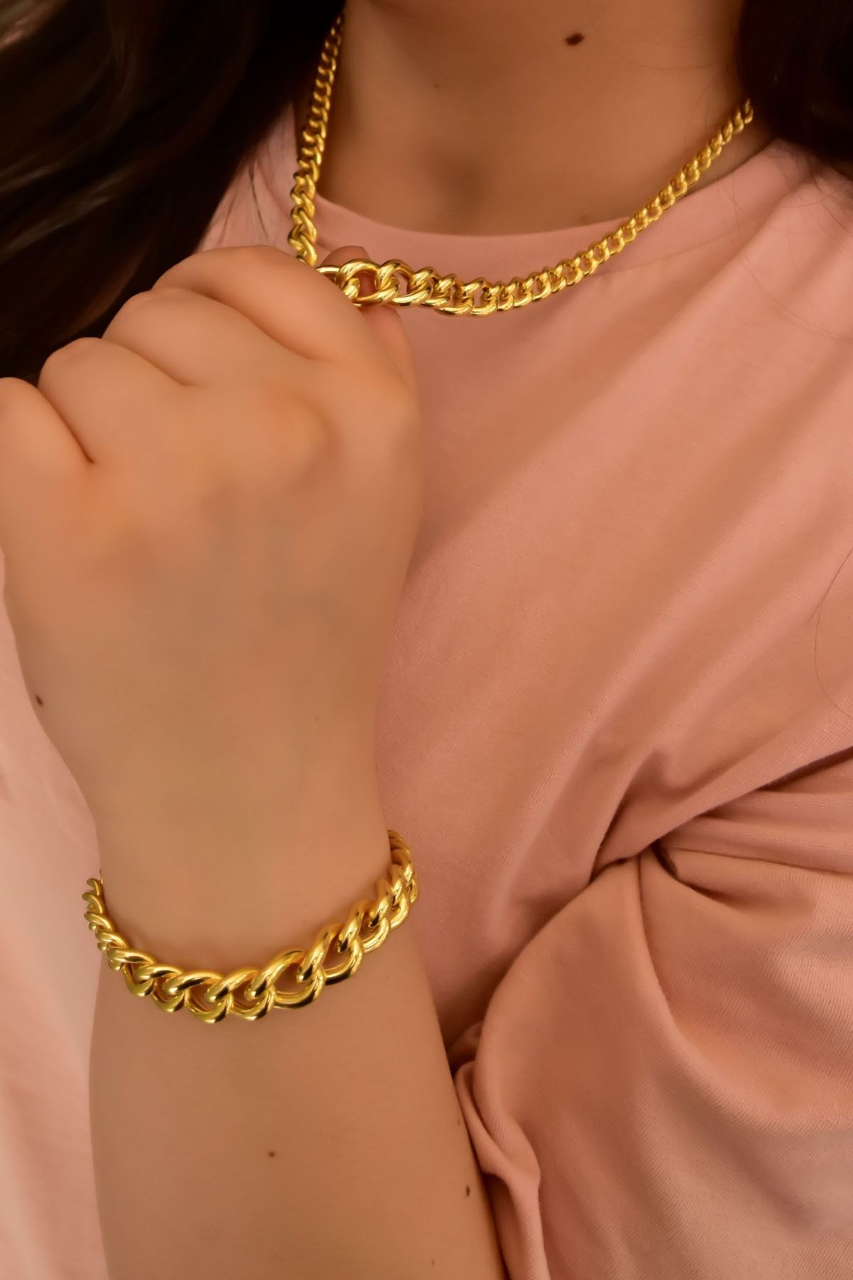 925 Ayar Gümüş Altın Kaplama Geçişli Gurmet Zincir Kolye Bileklik Set