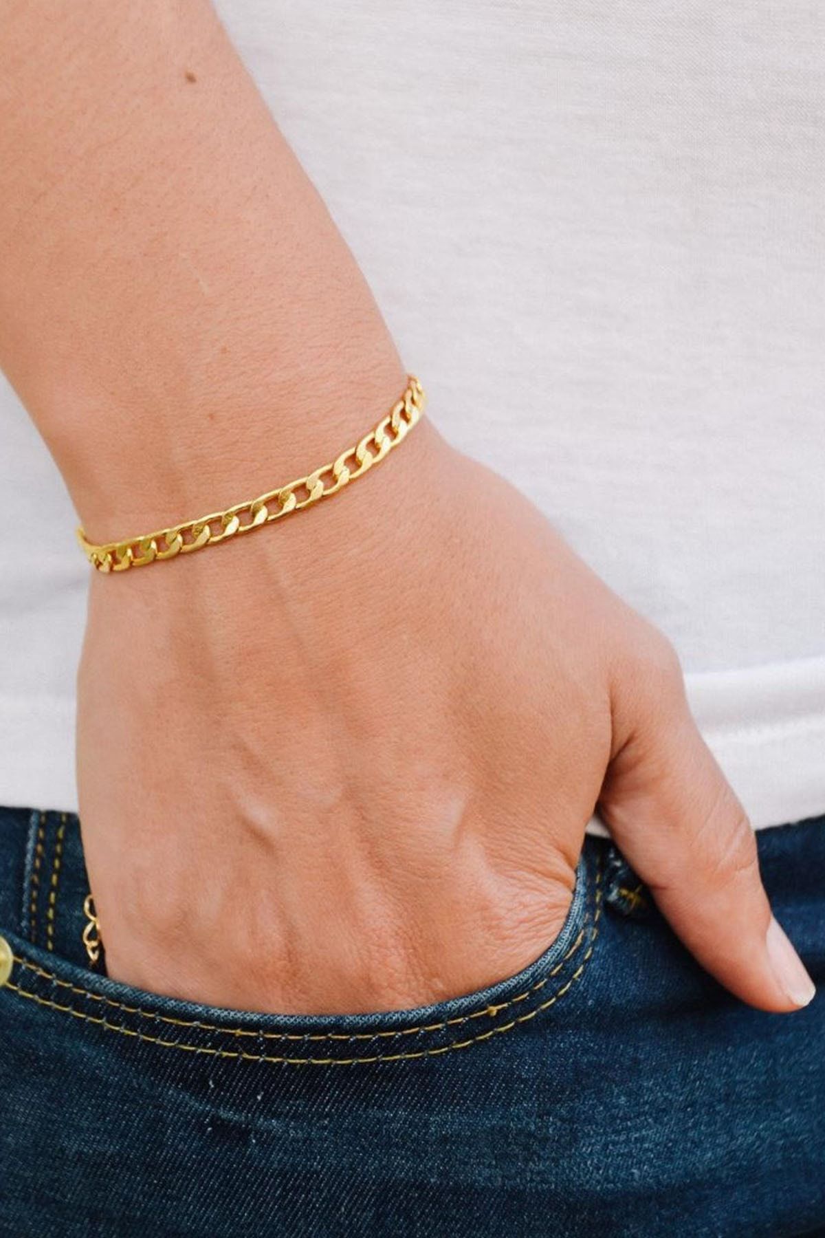 925 Ayar Gümüş Altın Kaplama Gurmet Zincir Bileklik