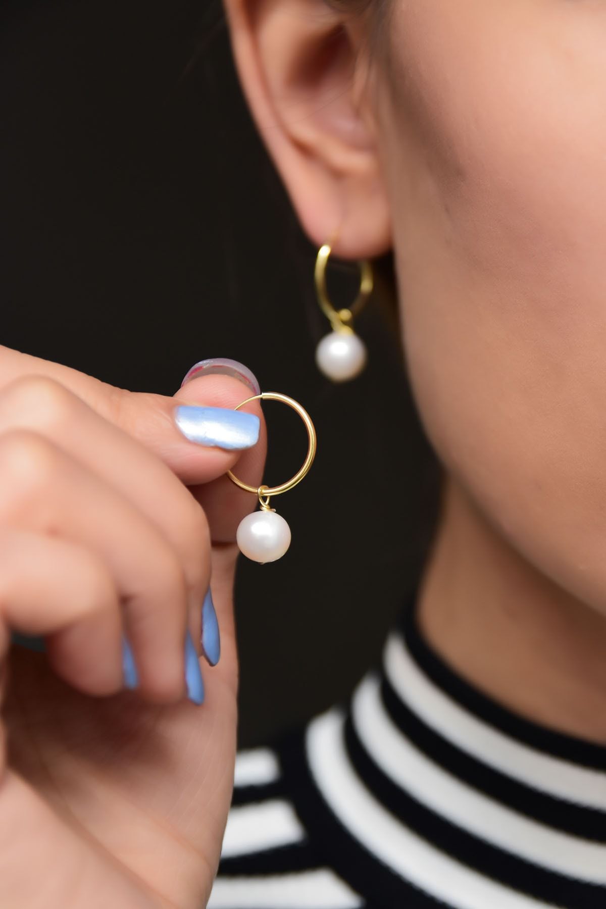 925 Ayar Gümüş Altın Kaplama Inci Taşlı Halka Küpe