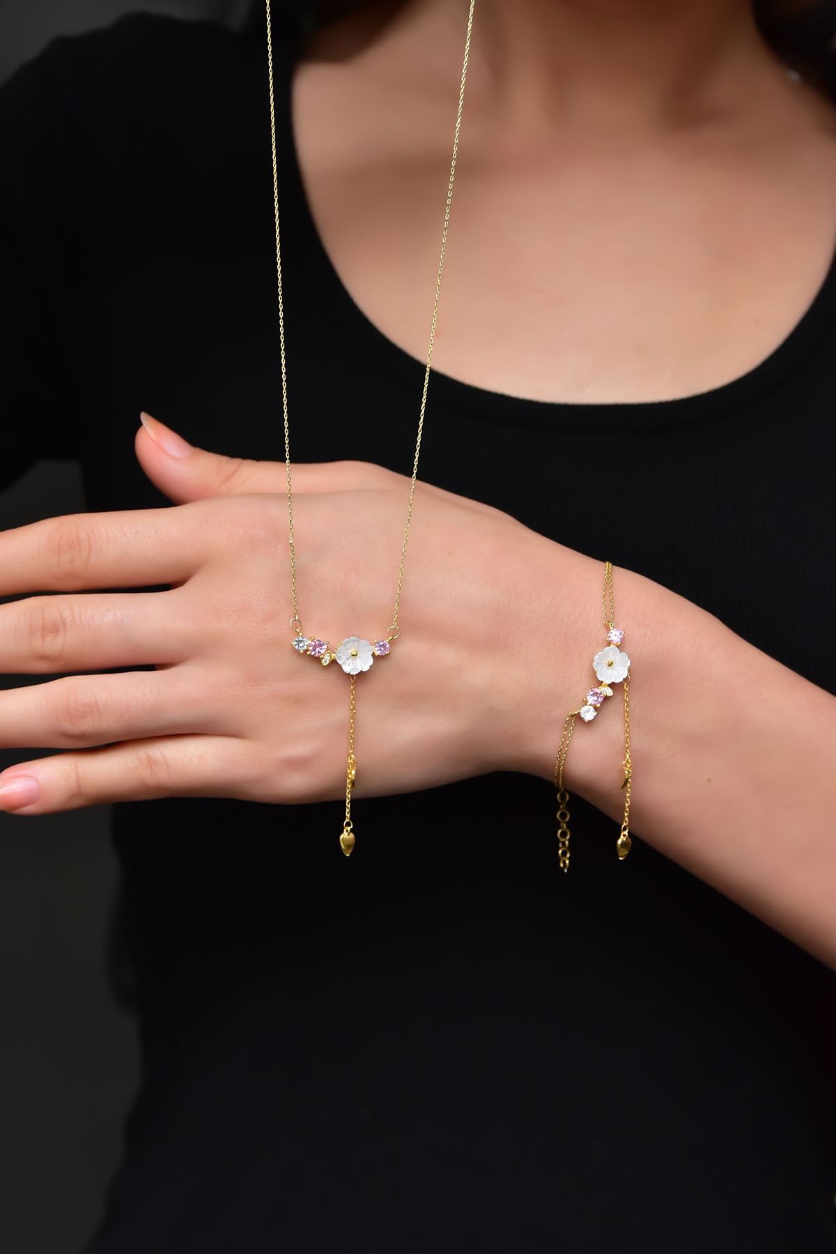 925 Ayar Gümüş Altın Kaplama Kardelen Çiçeği Kolye Bileklik Set