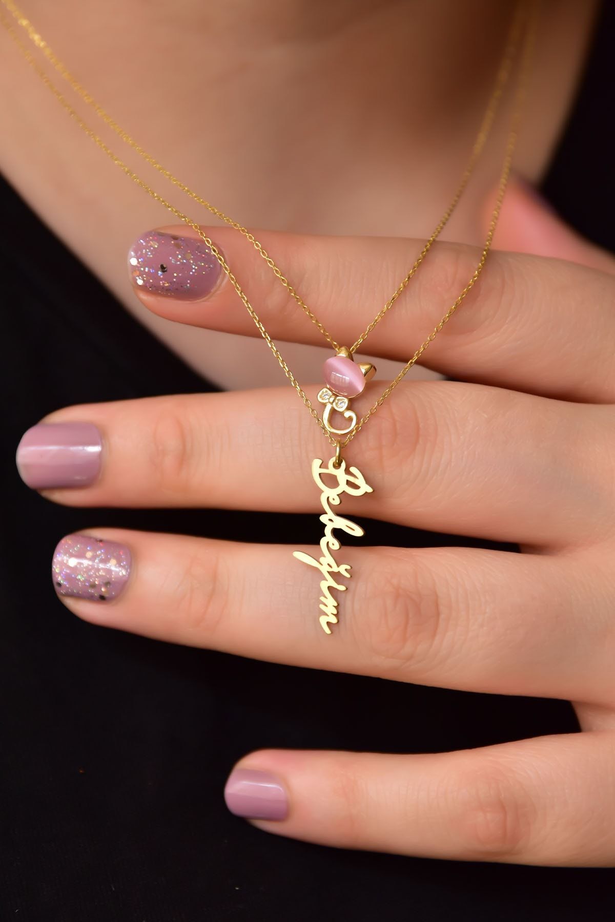 925 Ayar Gümüş Altın Kaplama Kedi Ve Bebeğim Yazılı Asansörlü Kolye