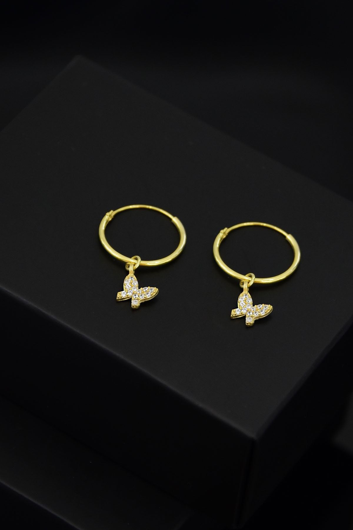 925 Ayar Gümüş Altın Kaplama Kelebek Model Halka Küpe