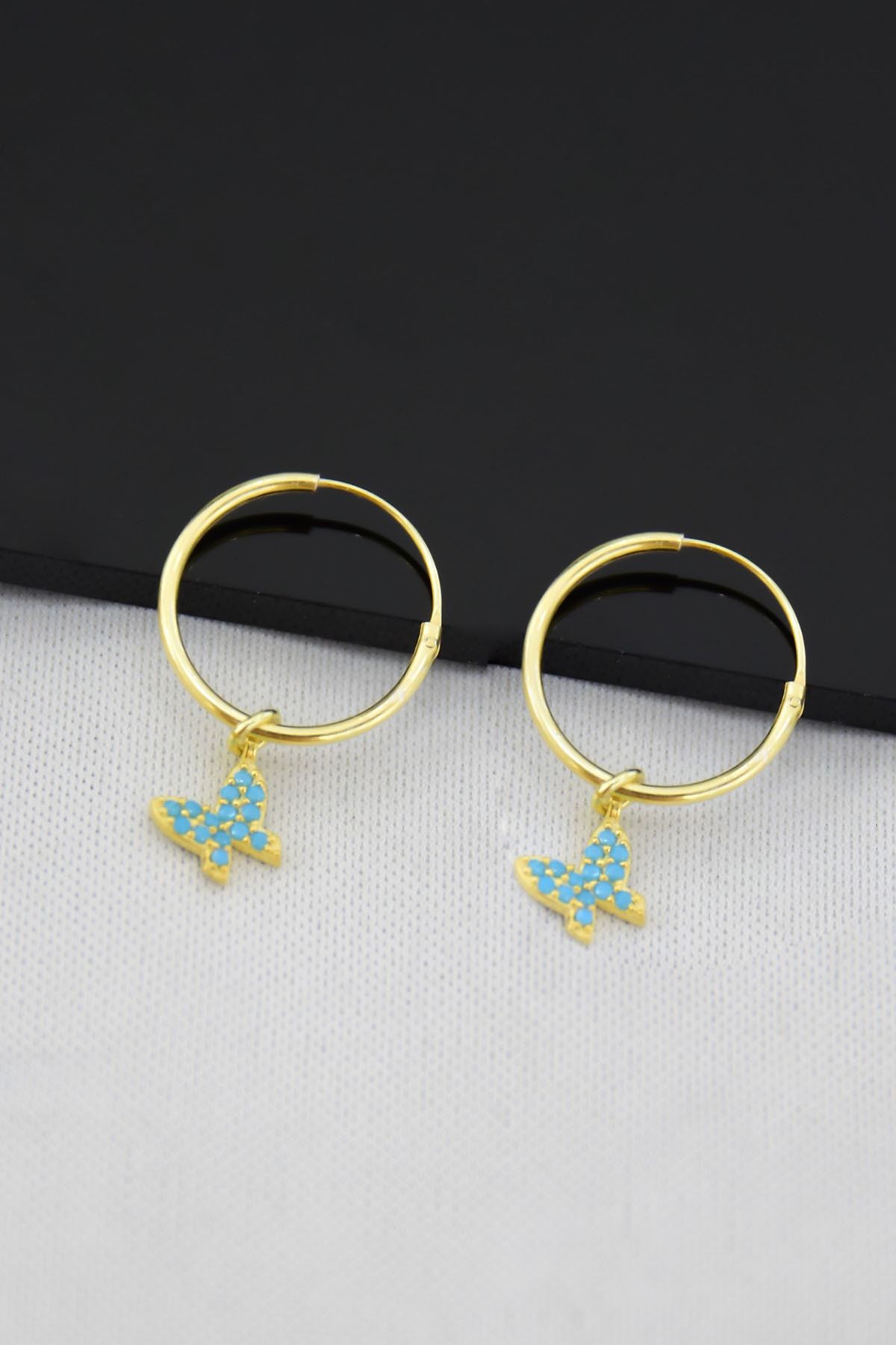 925 Ayar Gümüş Altın Kaplama Kelebek Model Halka Küpe