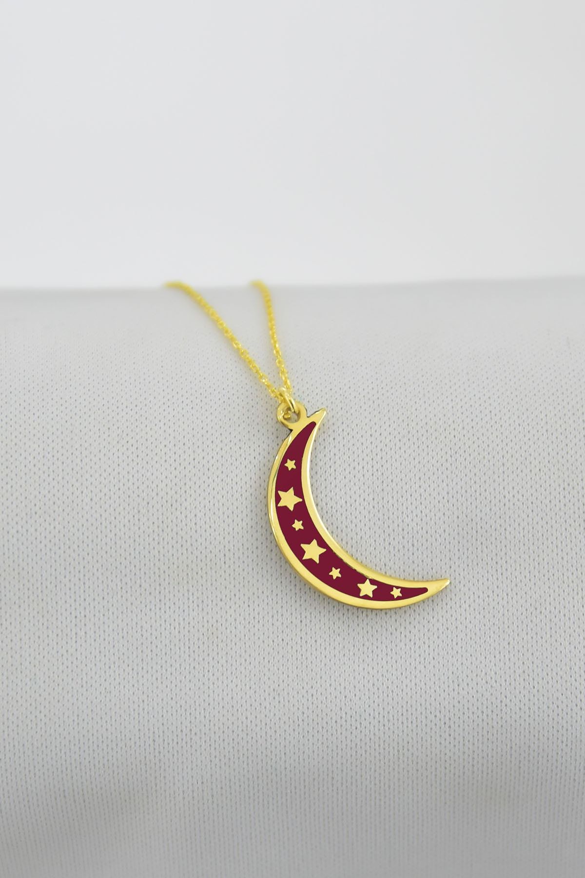 925 Ayar Gümüş Altın Kaplama Kırmızı Mineli Yıldızlı Ay Kolye