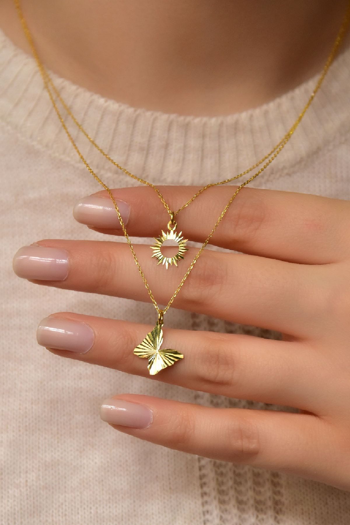 925 Ayar Gümüş Altın Kaplama Kristal Kesim Güneş Ve Kelebek Asansörlü Kolye