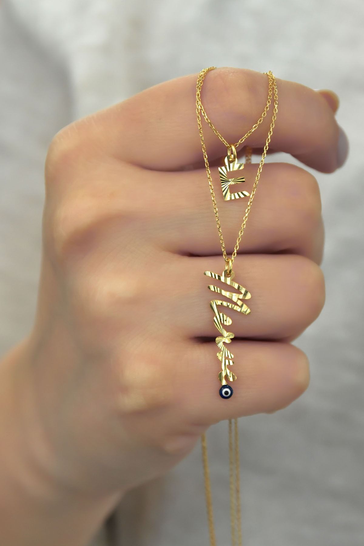 925 Ayar Gümüş Altın Kaplama Kristal Kesim Harf Ve Nazarlı Isim Asansörlü Kolye