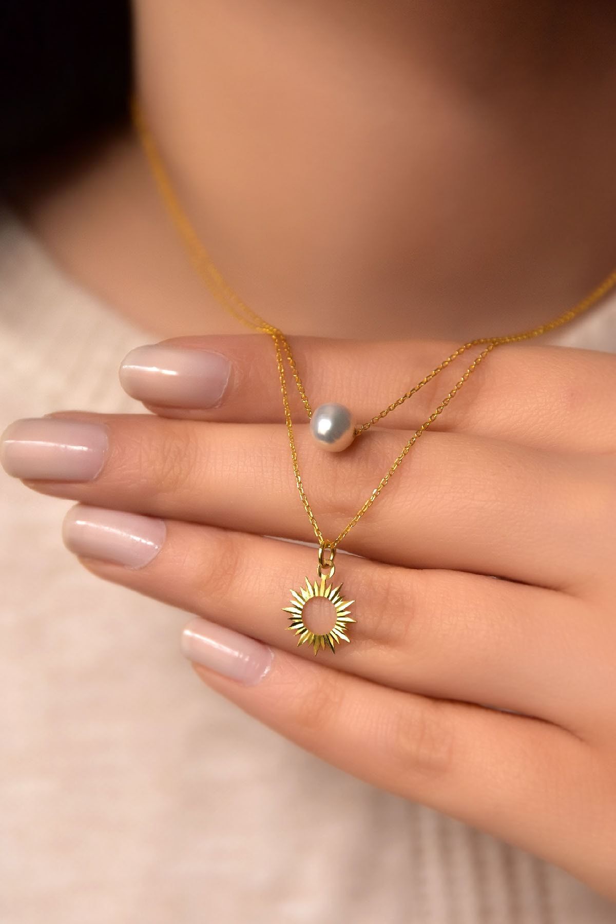 925 Ayar Gümüş Altın Kaplama Kristal Kesim Inci Ve Güneş Asansörlü Kolye