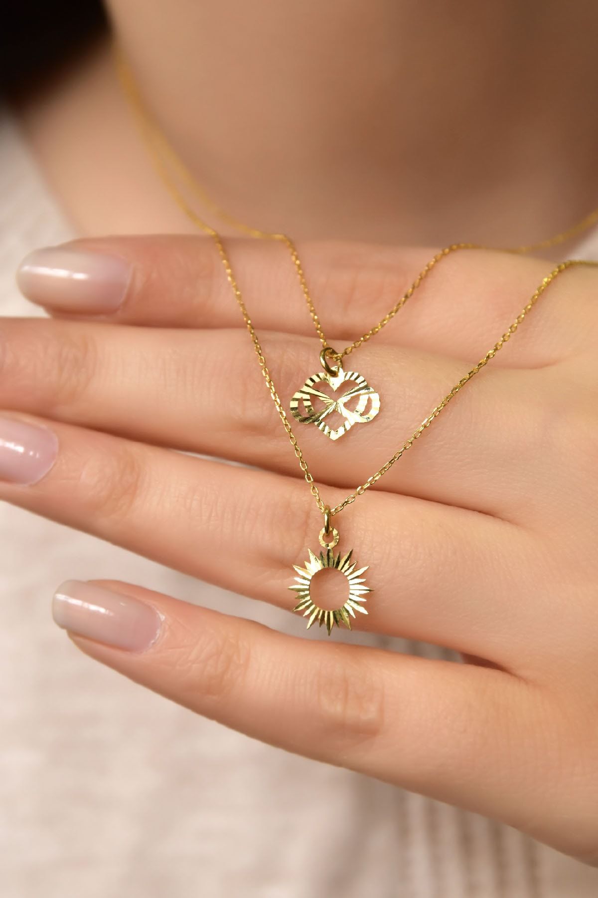 925 Ayar Gümüş Altın Kaplama Kristal Kesim Kalp Sonsuzluk Ve Güneş Asansörlü Kolye