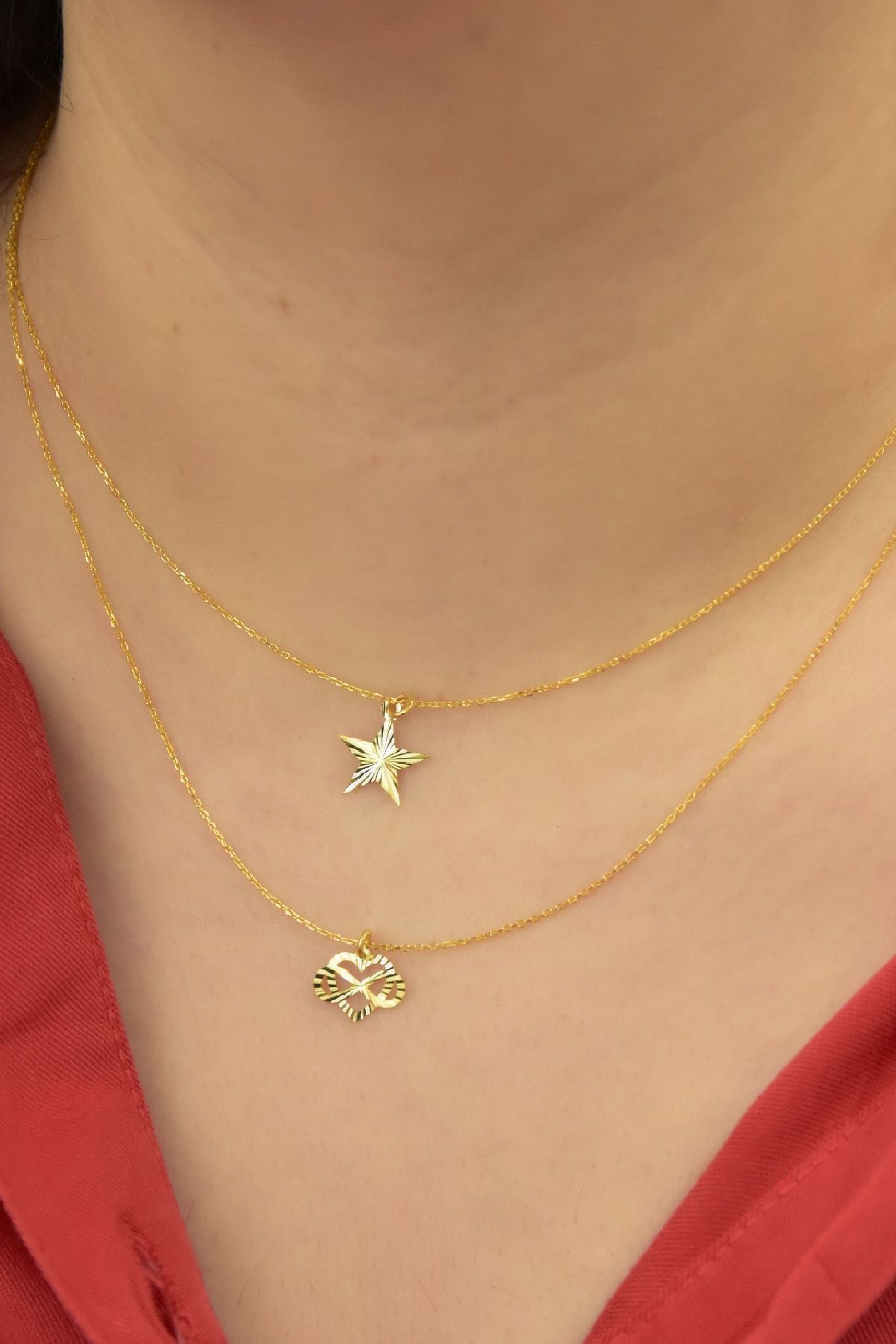 925 Ayar Gümüş Altın Kaplama Kristal Kesim Yıldız Ve Kalp Sonsuzluk Asansörlü Kolye