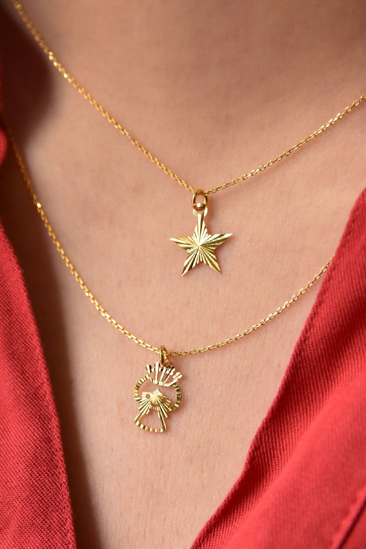 925 Ayar Gümüş Altın Kaplama Kristal Kesim Yıldız Ve Prenses Asansörlü Kolye