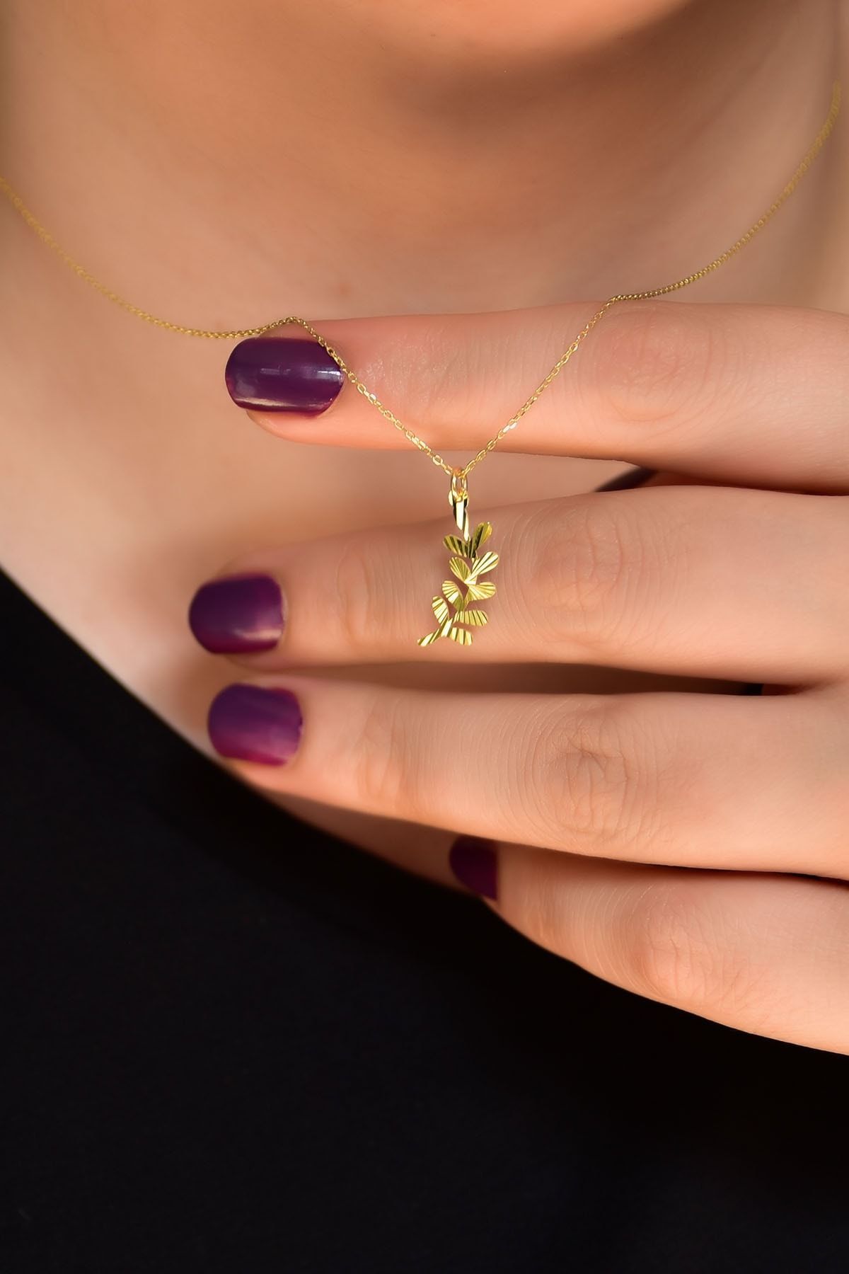 925 Ayar Gümüş Altın Kaplama Kristal Kesim Zeytin Dalı Kadın Kolye