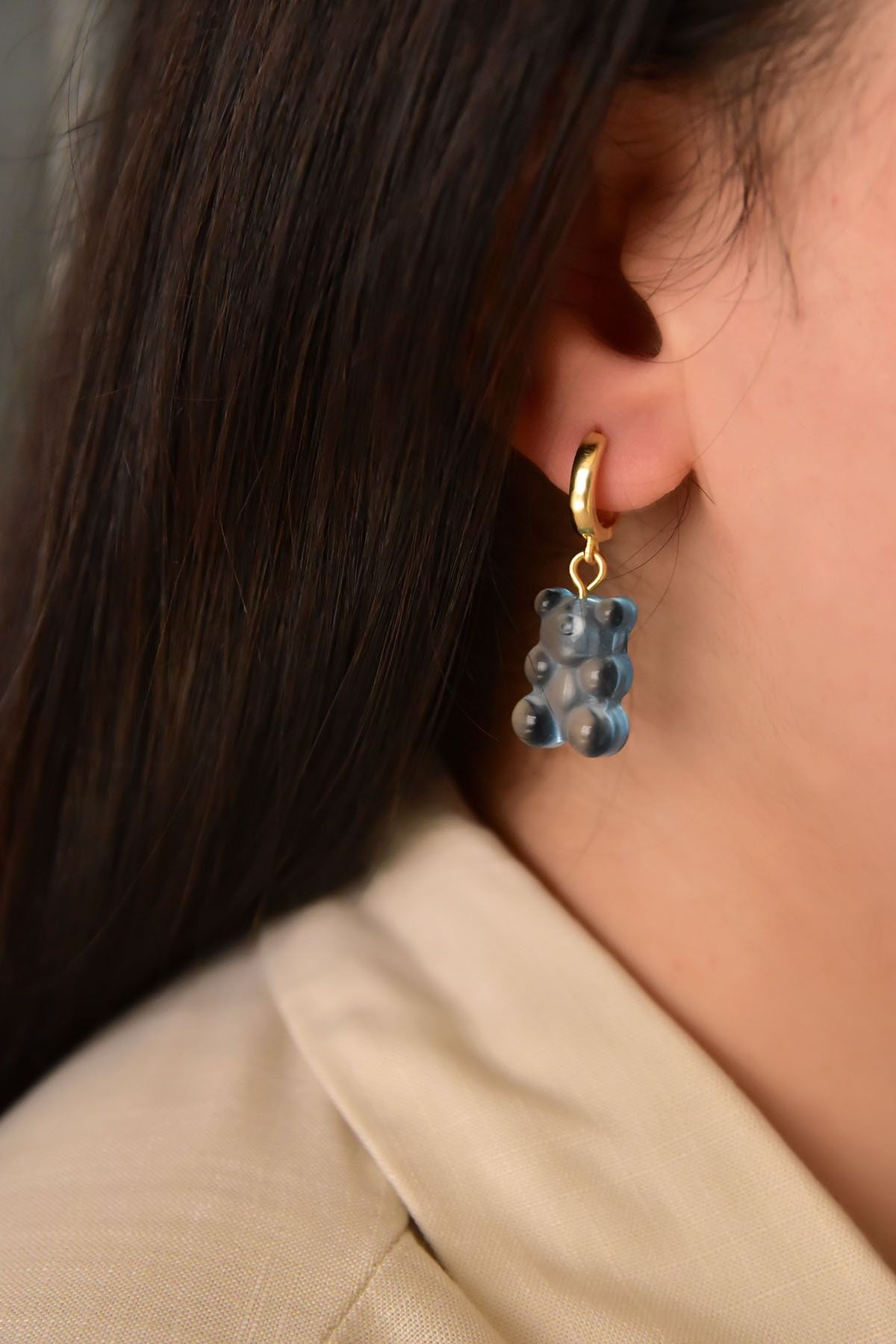 925 Ayar Gümüş Altın Kaplama Lacivert Jelibon Küpe