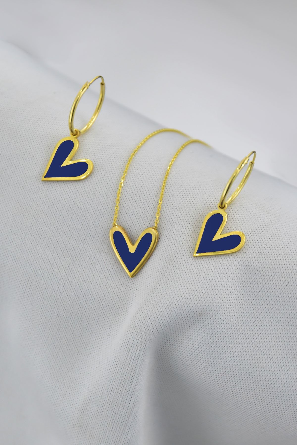 925 Ayar Gümüş Altın Kaplama Lacivert Mineli Kalp Kolye Küpe Set