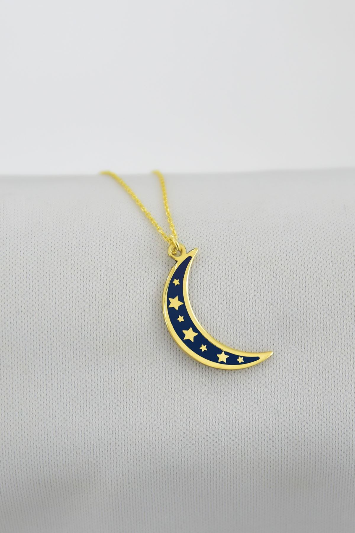 925 Ayar Gümüş Altın Kaplama Lacivert Mineli Yıldızlı Ay Kolye