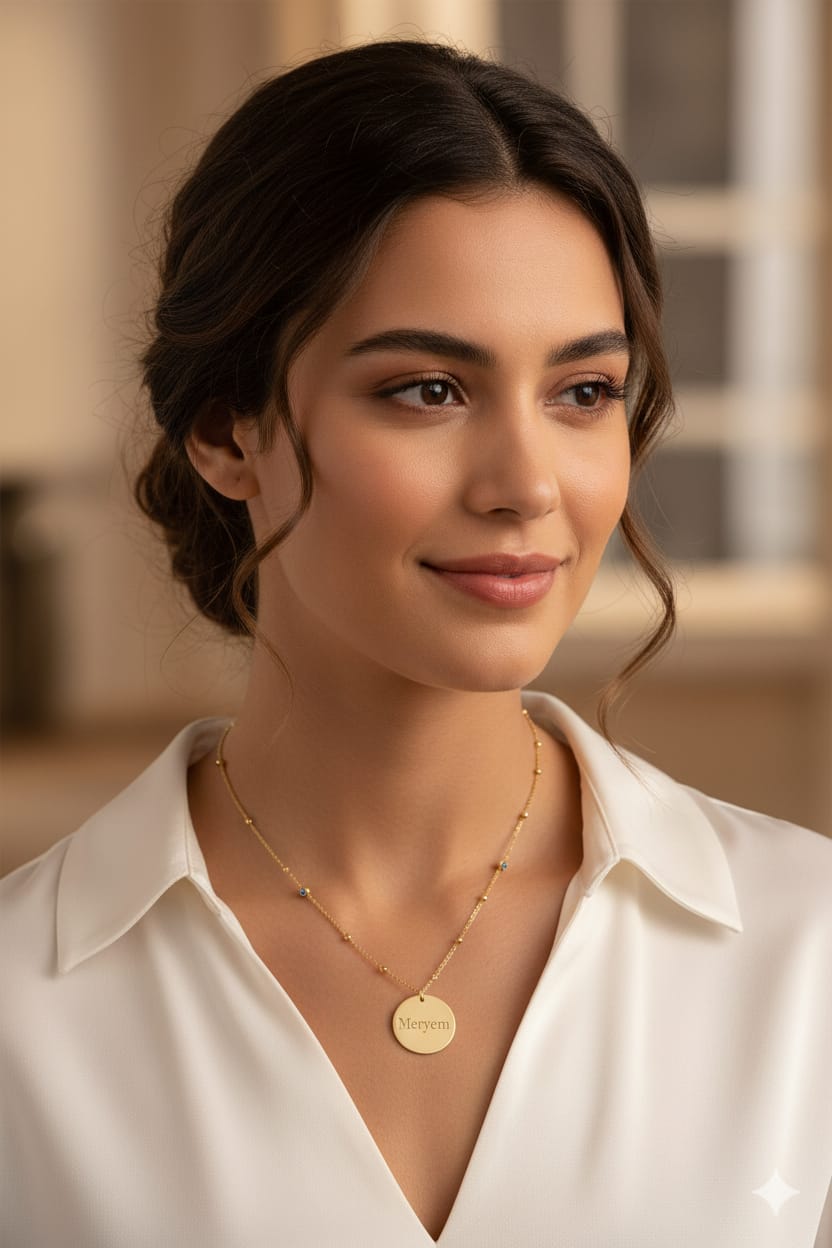 925 Ayar Gümüş Altın Kaplama Lacivert Nazar Mineli Plaka Kolye